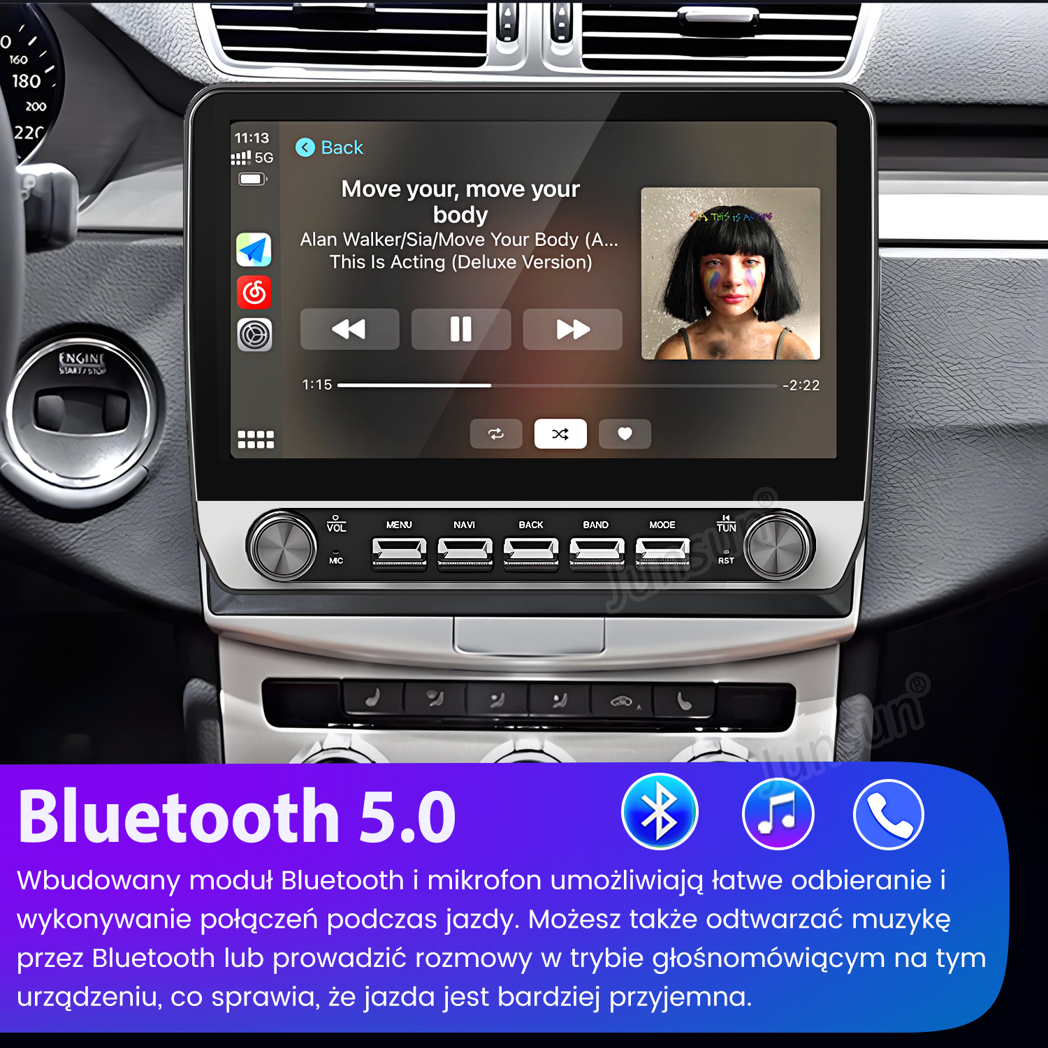 Samochodowy system multimedialny na desce rozdzielczej. Odtwarzanie muzyki. Tekst Bluetooth 5.0 na dole.