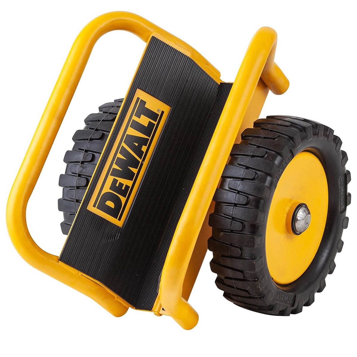 Carrello DeWalt giallo e nero con due ruote nere. Maniglia e telaio gialli.