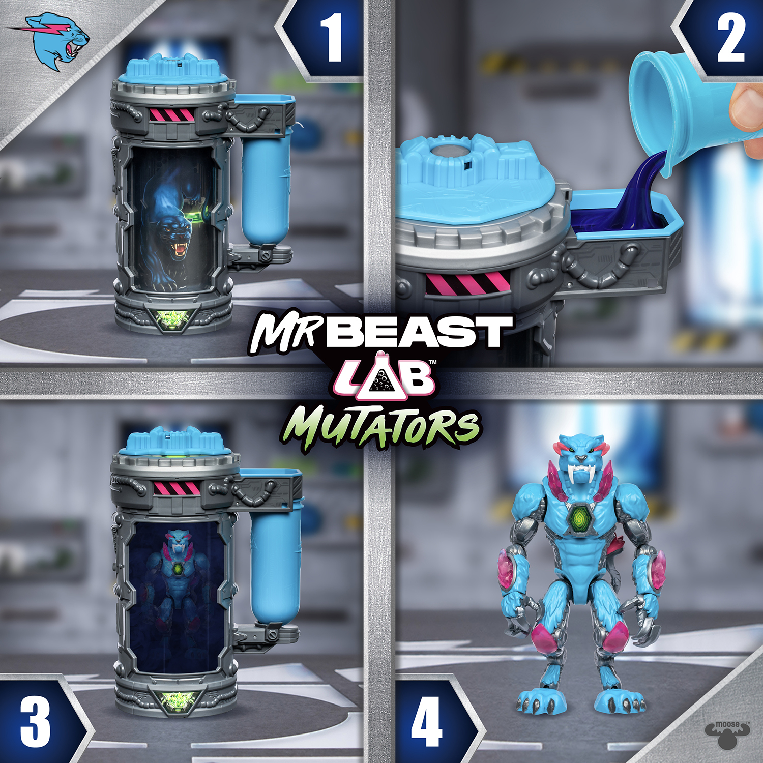 Cuatro imágenes que muestran un juguete Mr. Beast Lab Mutators. Contenedor, vertido de líquido, figura, juguete final.