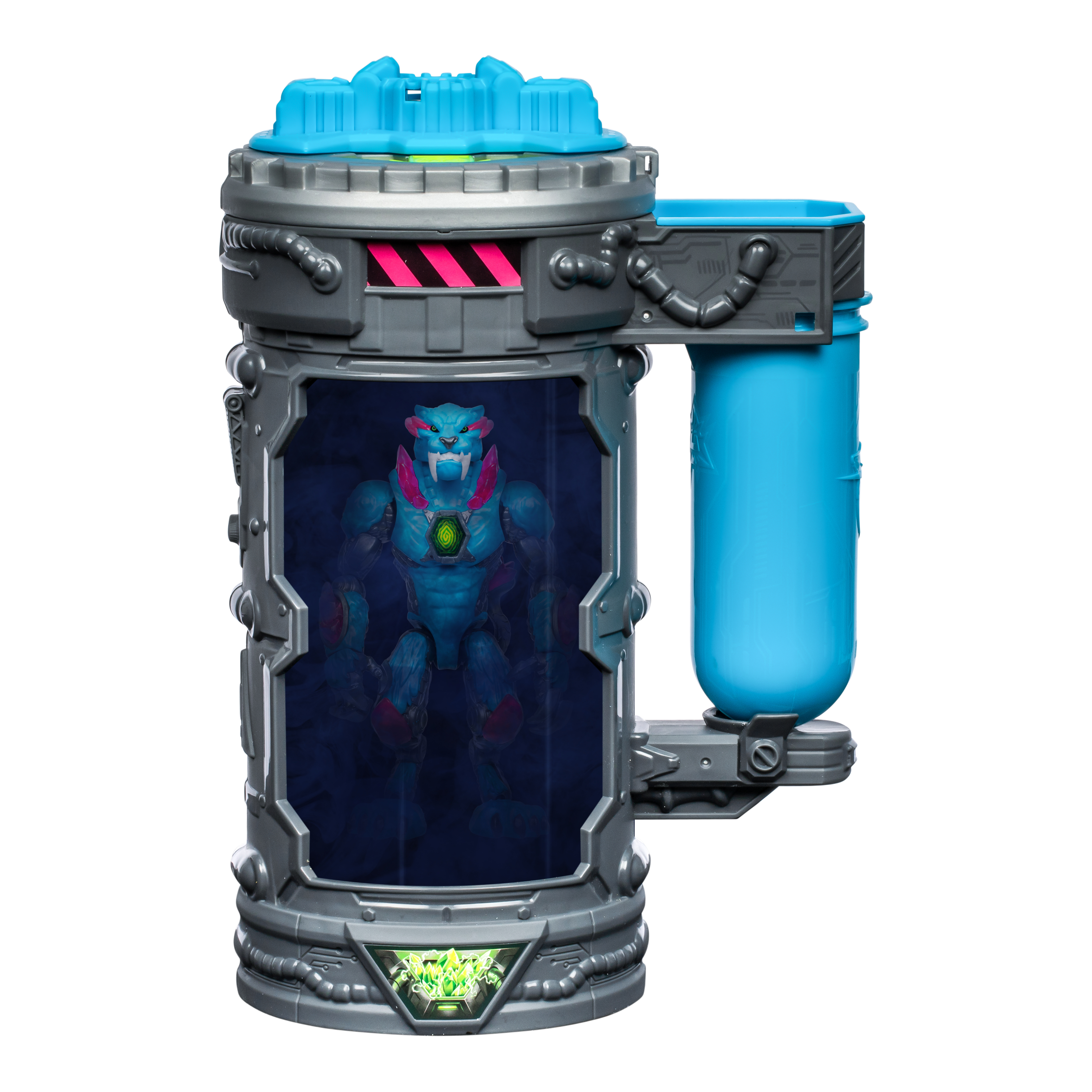 Juguete Mr. Beast Lab Mutators con un monstruo azul dentro de un contenedor.