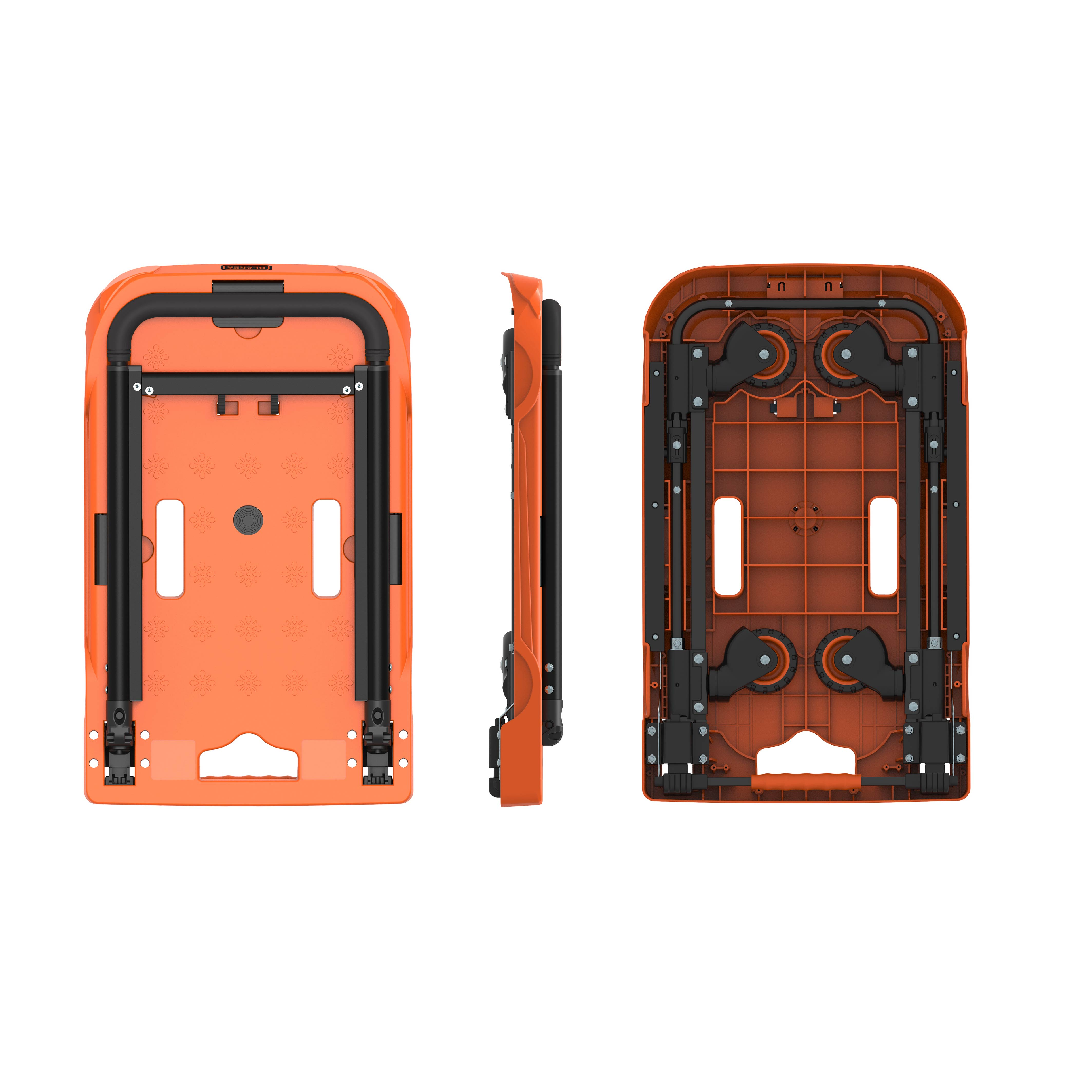 Three views of an orange folding cart. Open, folded, and side views. Black handle and frame.