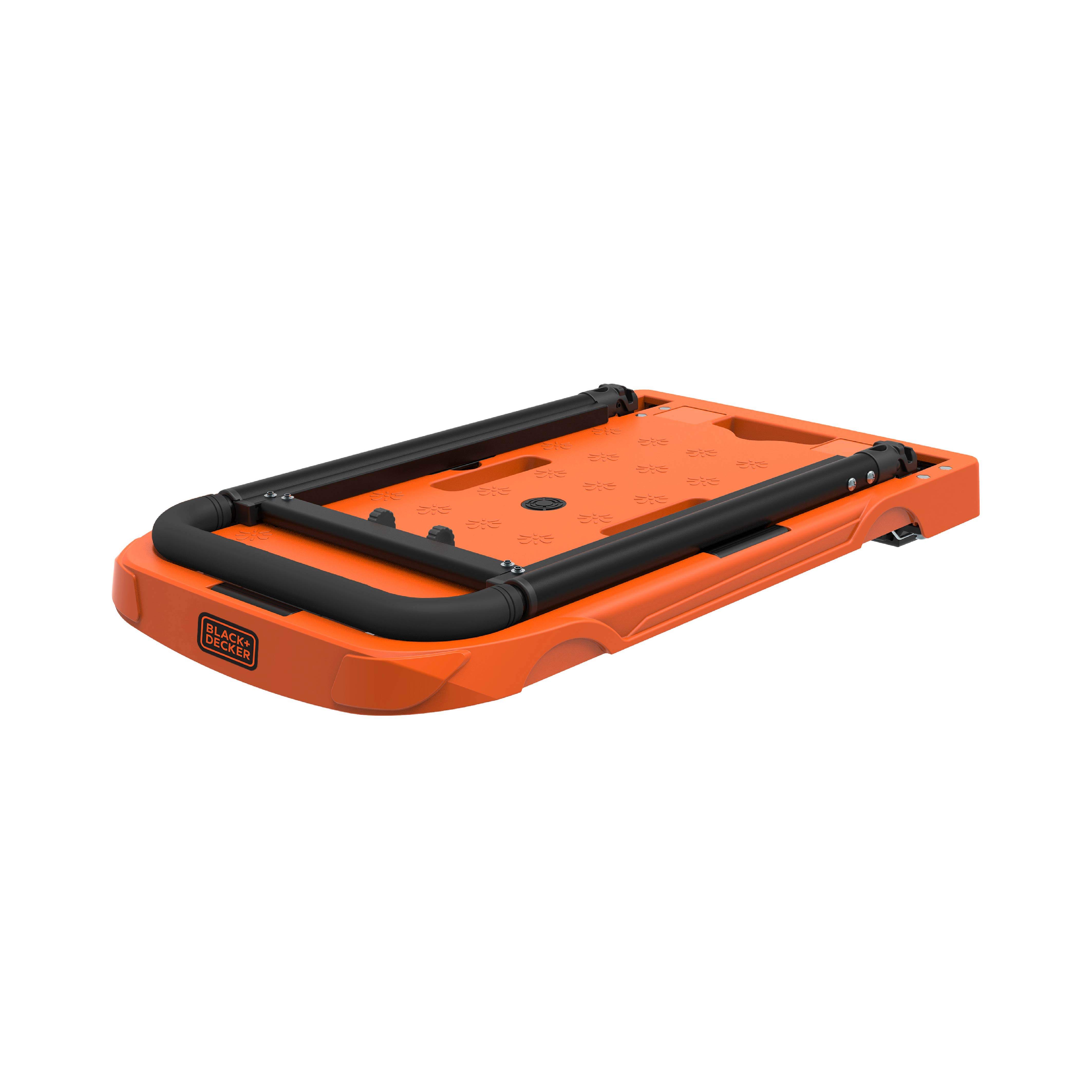 Orange folding hand truck in a folded position. Black Decker brand visible.