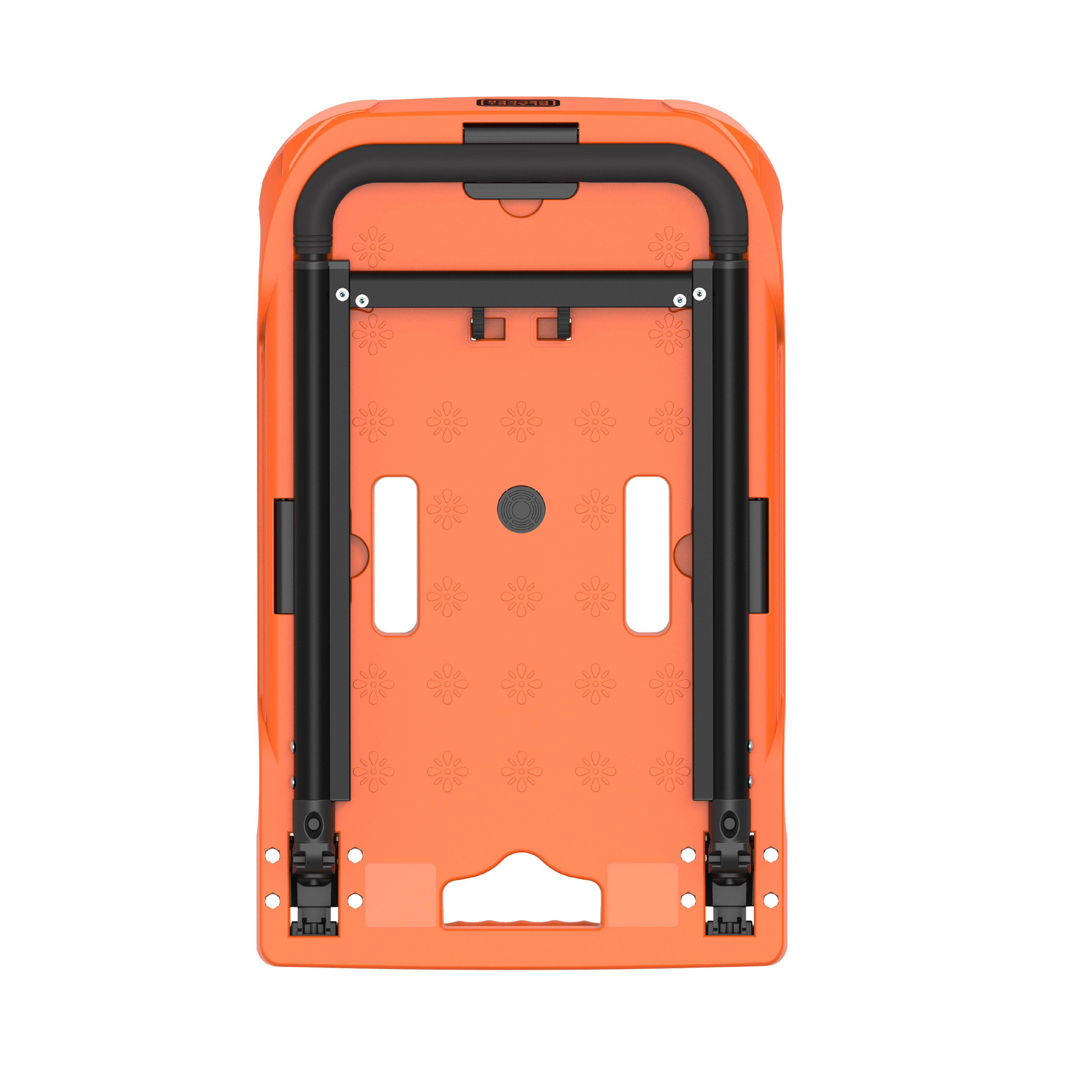 Orange and black travel case, folded. Features a central handle and floral design.