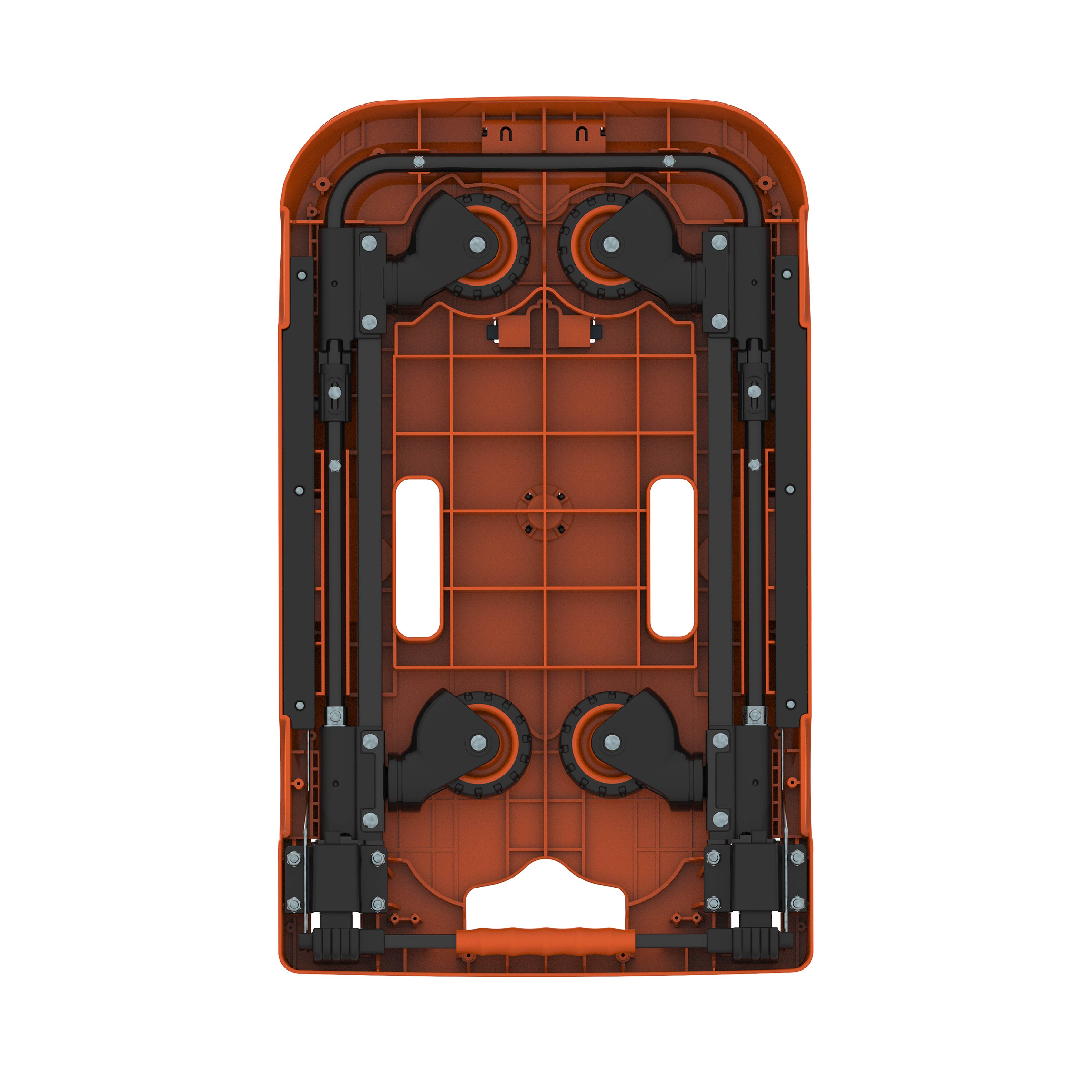Top view of an orange folding cart with black components and wheels, on a white background.