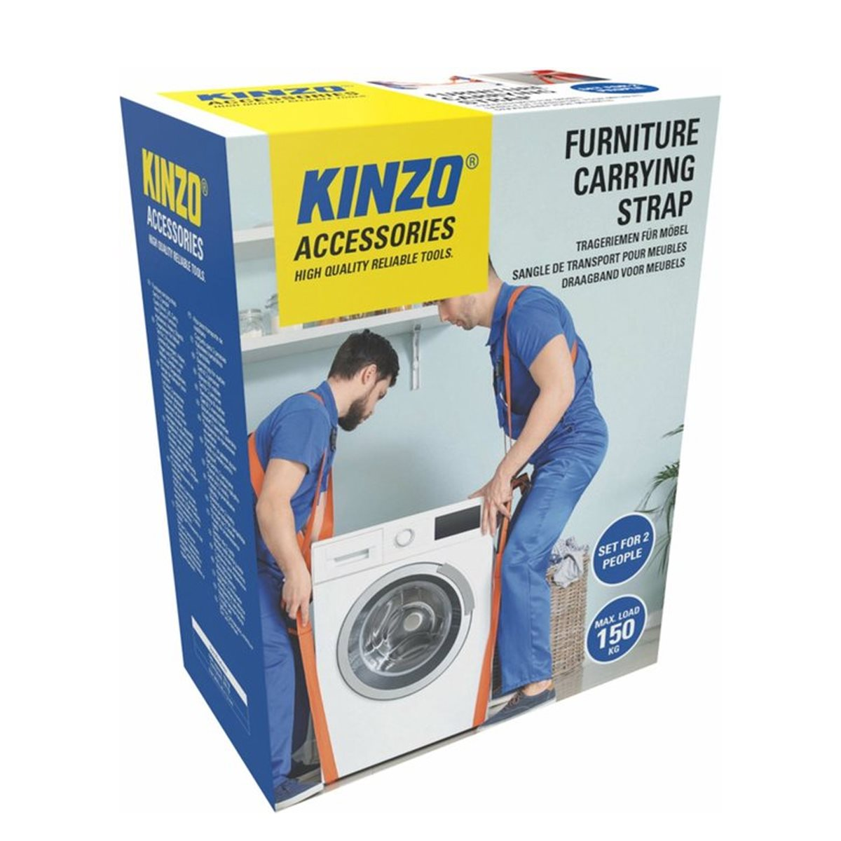 Twee mannen die een wasmachine laden met oranje banden, productverpakking.