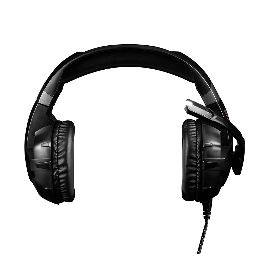 Czarne słuchawki z mikrofonem, na białym tle.