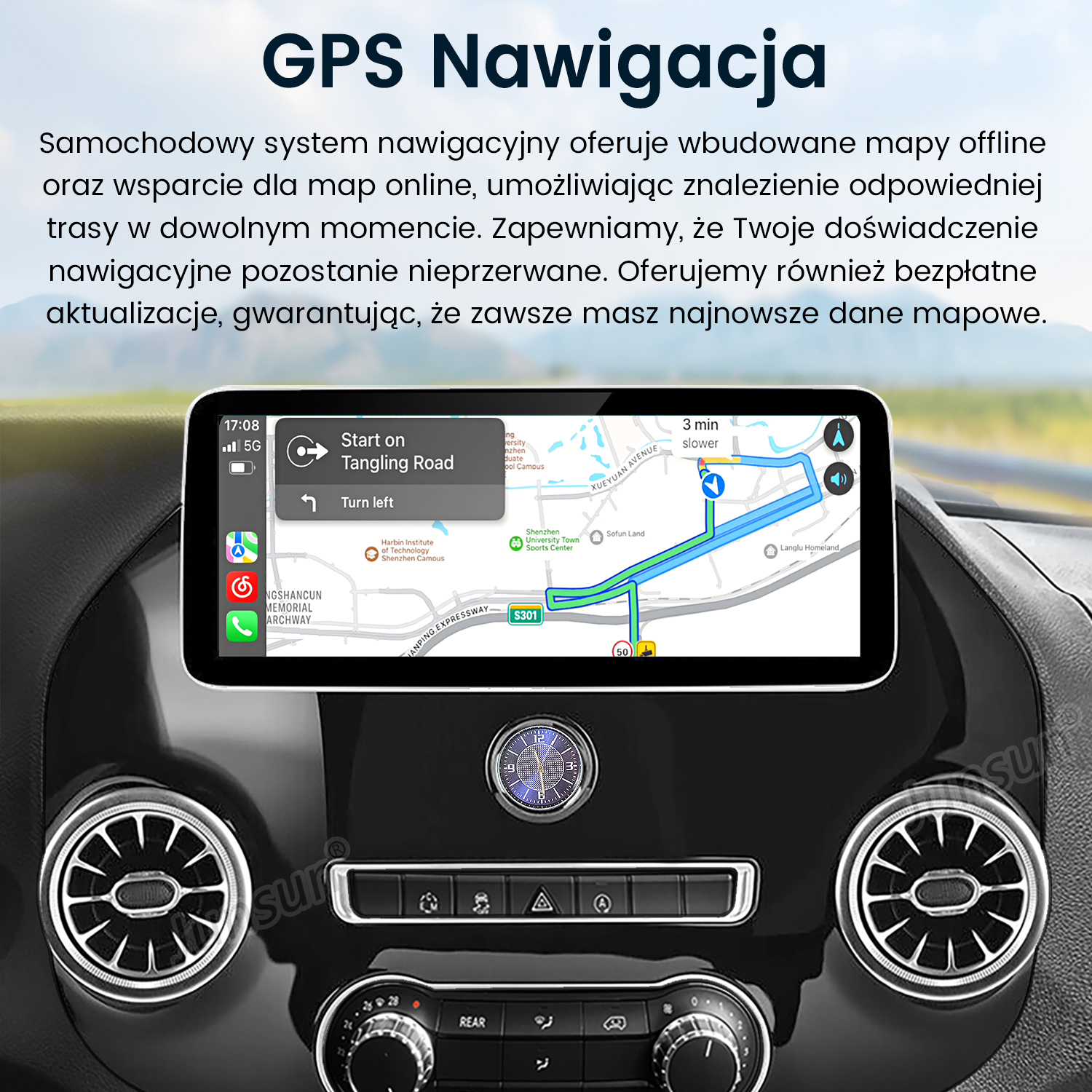 Deska rozdzielcza samochodu z nawigacją GPS pokazująca mapę trasy i otaczające funkcje.