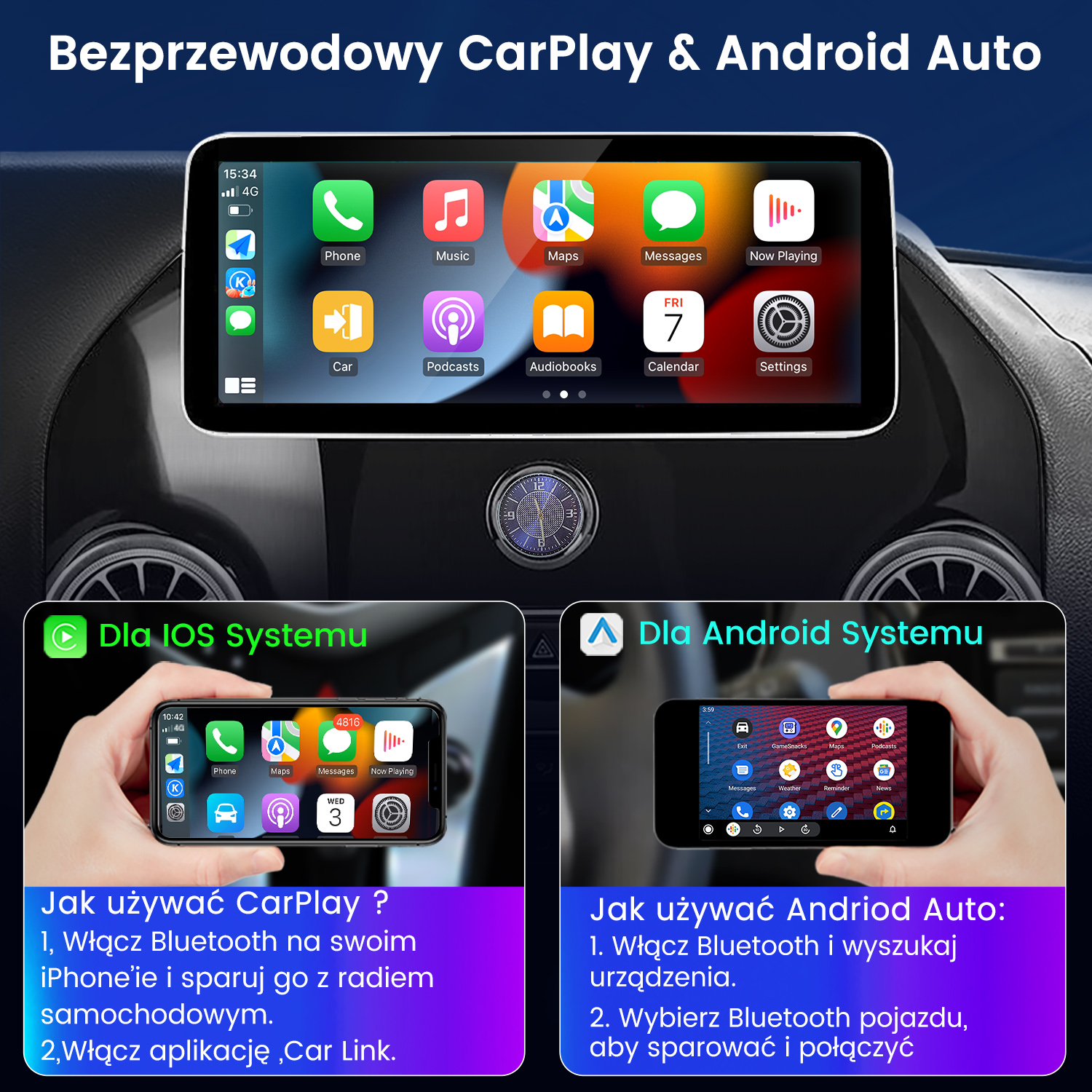 Ekran samochodowy wyświetlający interfejsy CarPlay i Android Auto, z instrukcjami poniżej.