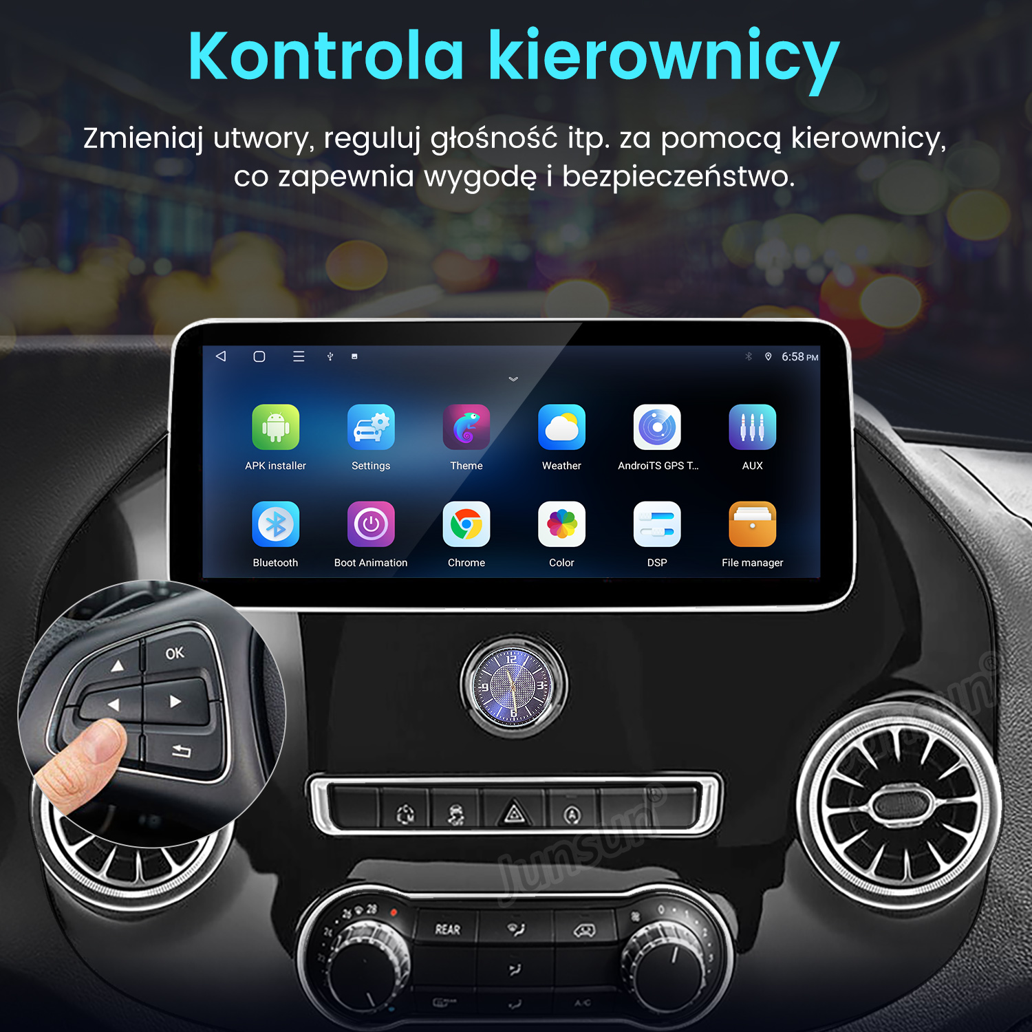 Deska rozdzielcza samochodu z ekranem dotykowym wyświetlającym aplikacje i ręką dotykającą przycisku.