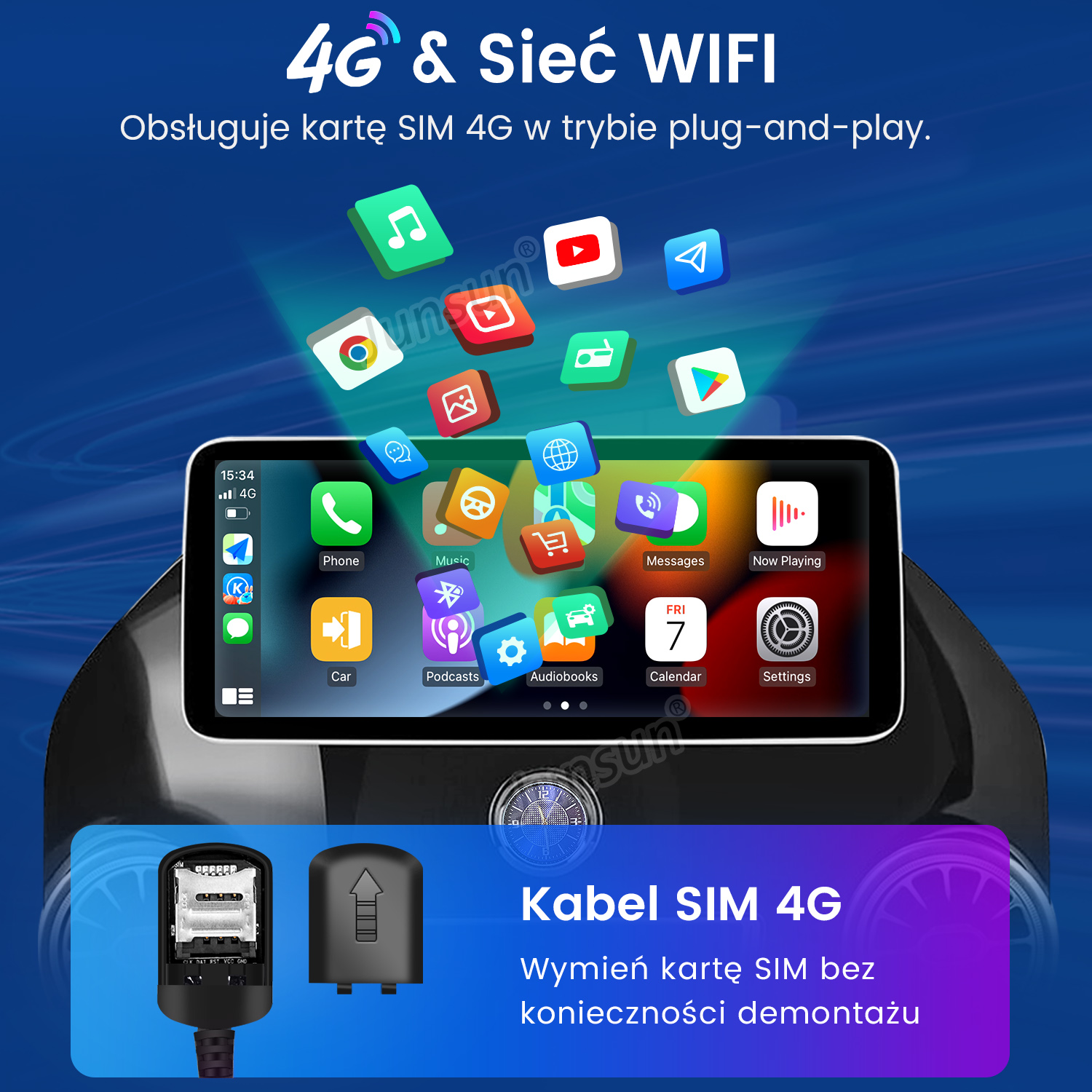 Ekran samochodowy z ikonami aplikacji. Ikony obejmują muzykę, mapy, telefon i ustawienia.