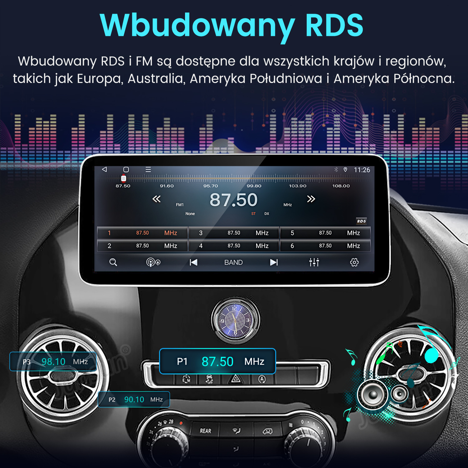 Deska rozdzielcza samochodu z cyfrowym wyświetlaczem pokazującym informacje o stacji radiowej i ustawieniach.