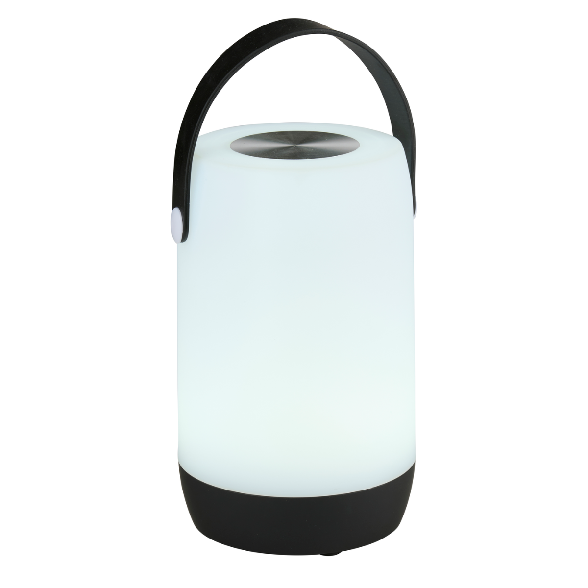 Witte en zwarte cilindervormige lamp met een handvat. Hij gloeit fel.