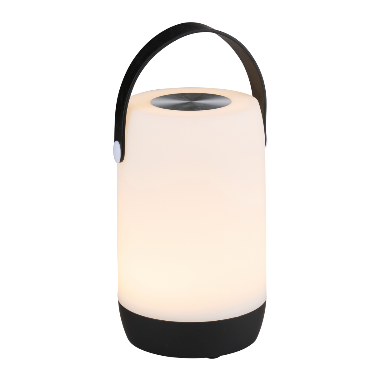 Witte, cilindrische lamp met zwarte handgreep en voet. De lamp is aan, toont een warme gloed.
