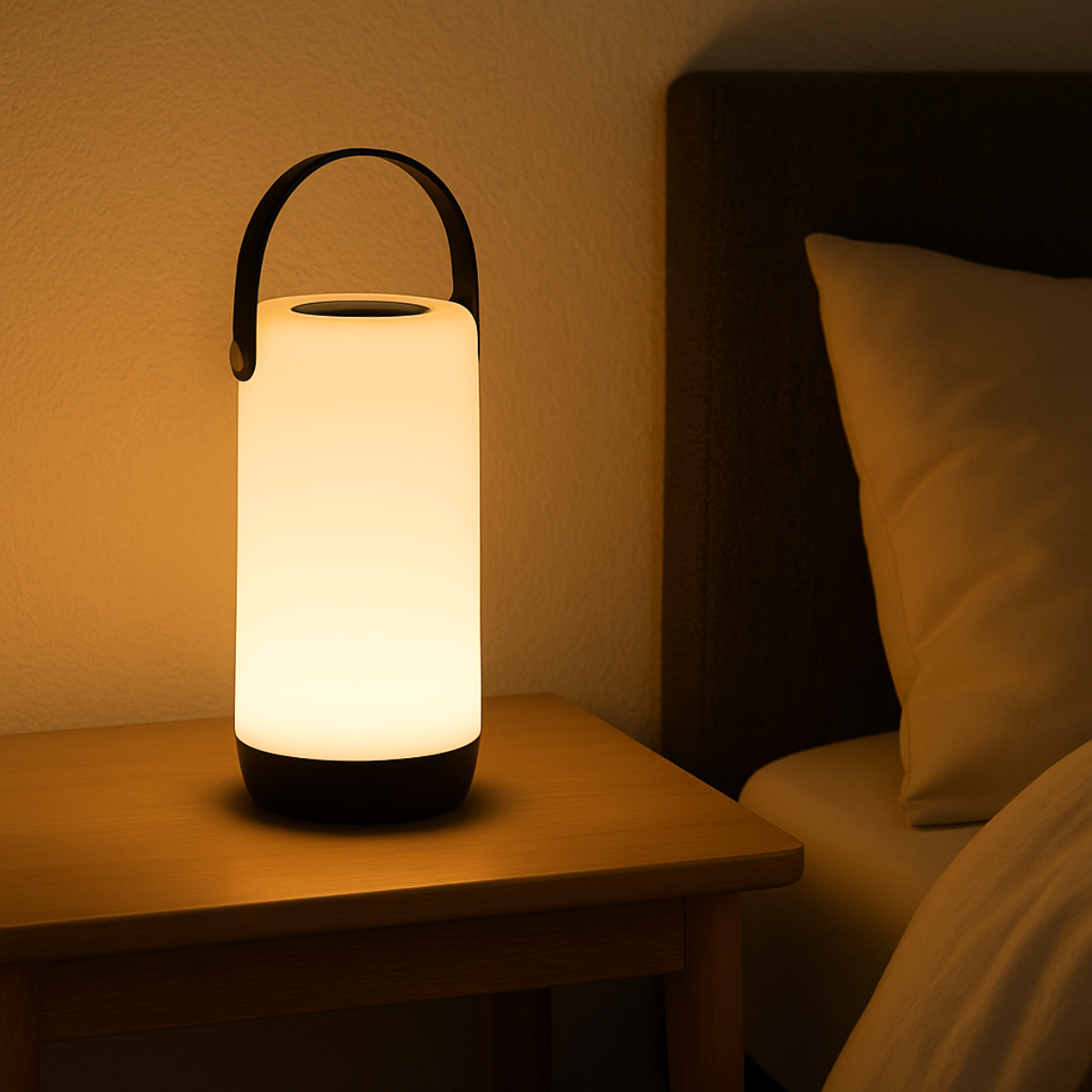 Cilindervormige lamp op een nachtkastje. De lamp is aan en gloeit.