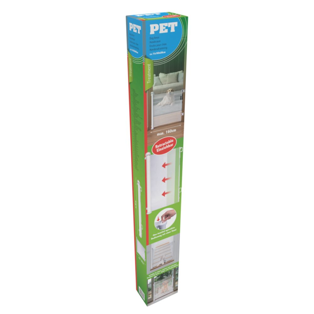 A tall box with a pet barrier displayed on it. It is a retractable barrier.