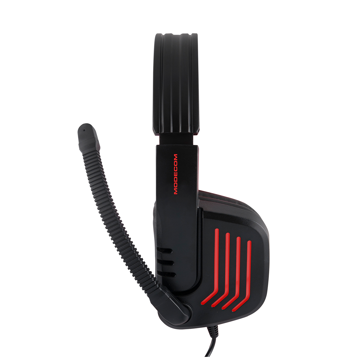 Czarny zestaw słuchawkowy z czerwonym designem. Mikrofon jest elastyczny.