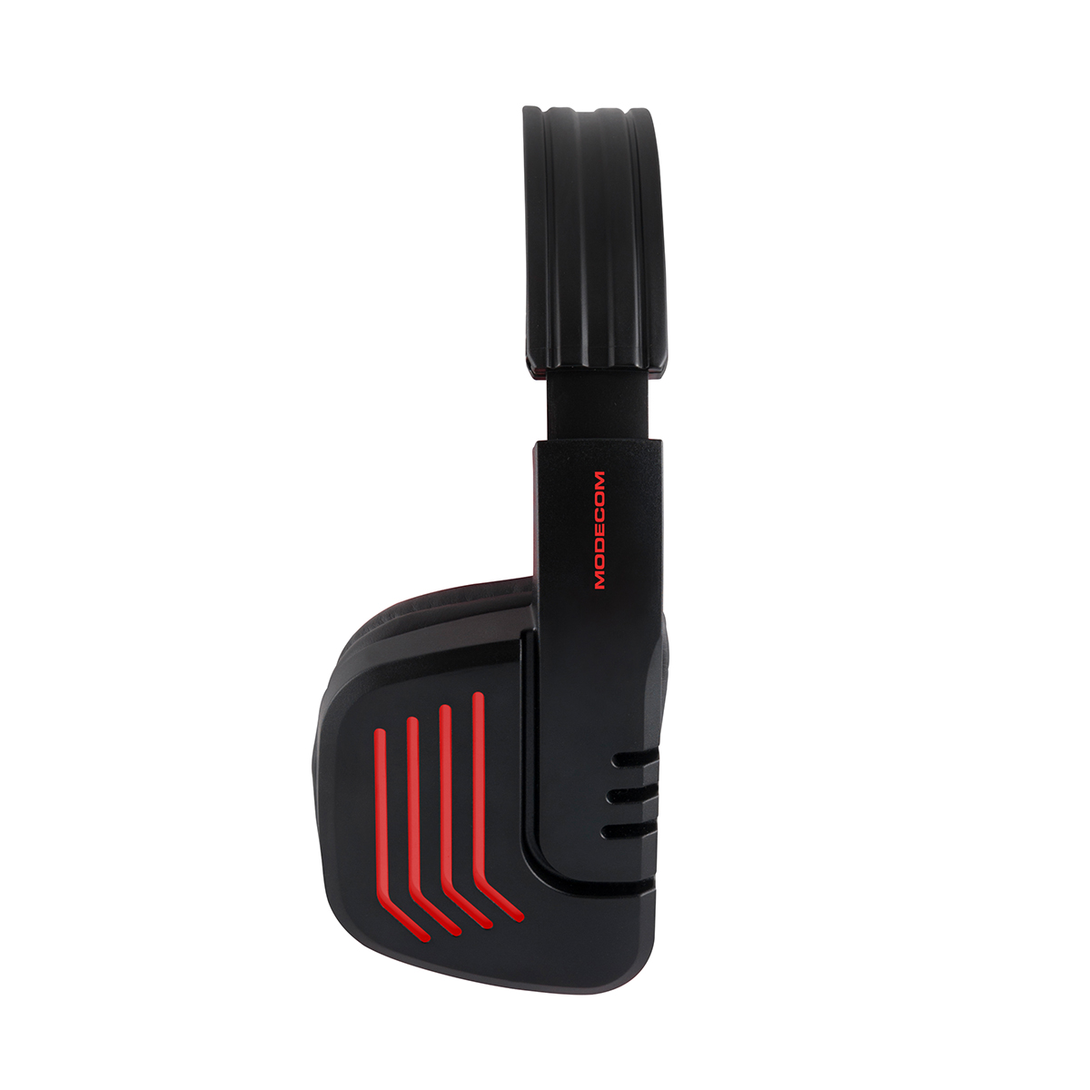 Czarne i czerwone słuchawki MODECOM. Widoczna prawa strona. Czerwone akcenty podkreślają design.
