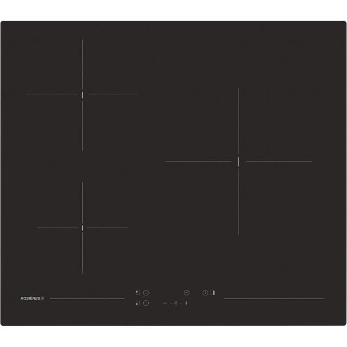 Czarna płyta indukcyjna Rosieres z czterema palnikami. Panel sterowania na dole.