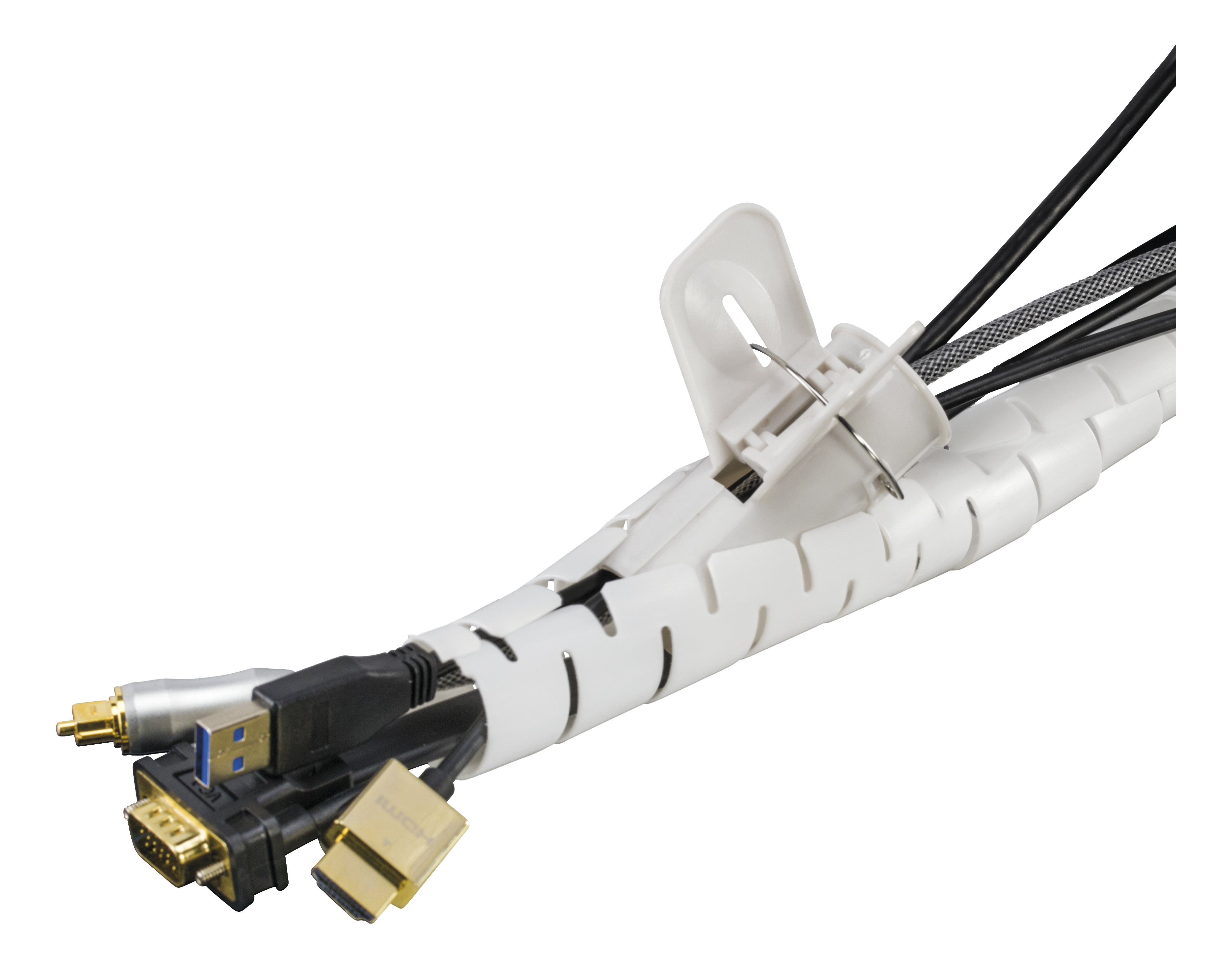 Close-up of white cable management tube with various cables inside. Black background.
