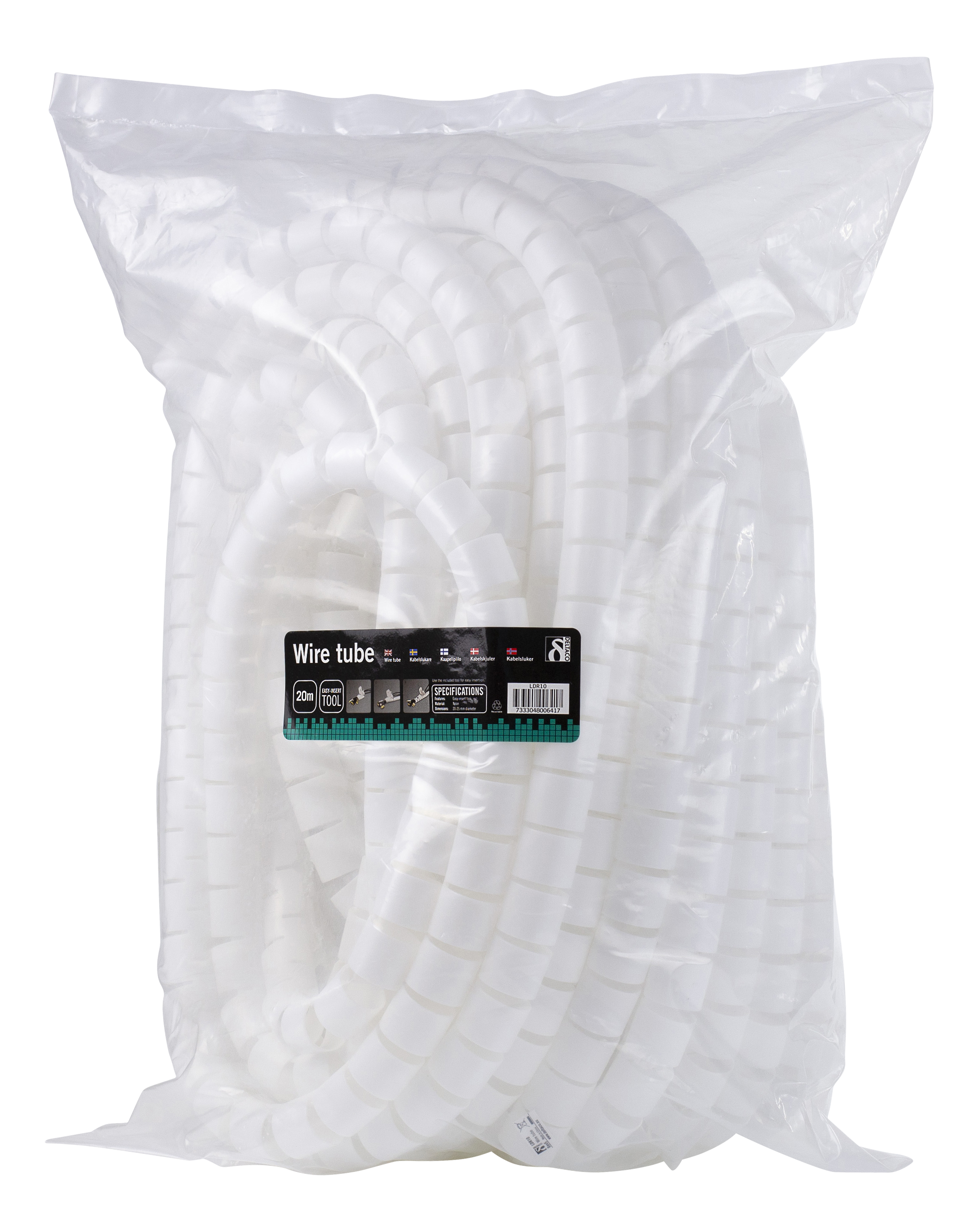 Large bag of white cable management tubes. The bag is transparent. Black background.