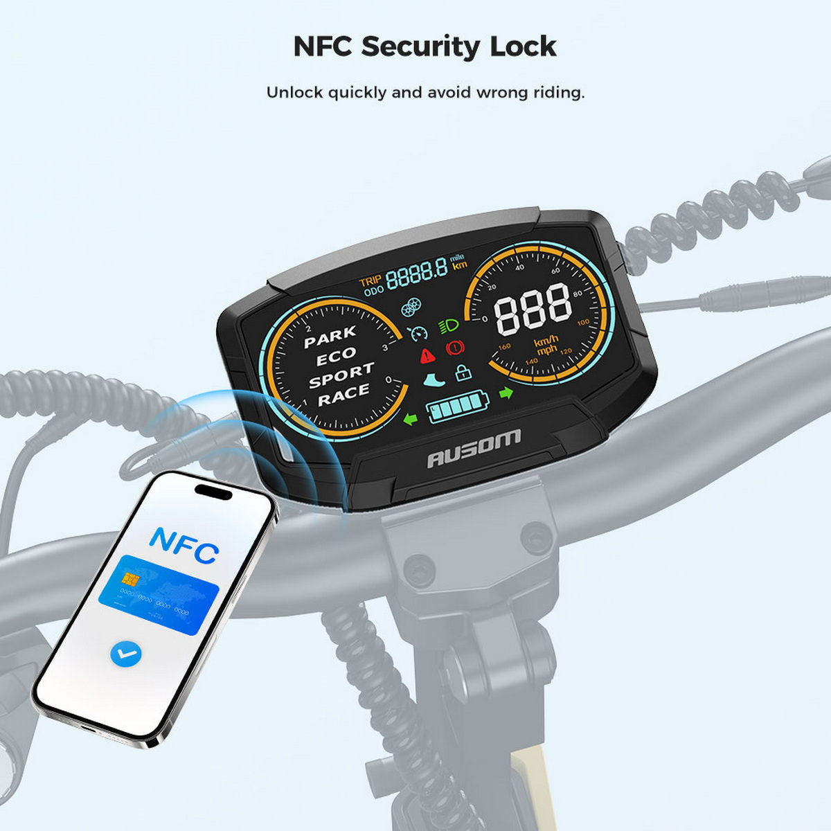 Telefon z kartą płatniczą NFC umieszczony obok deski rozdzielczej skutera, pokazujący prędkość i przebieg.
