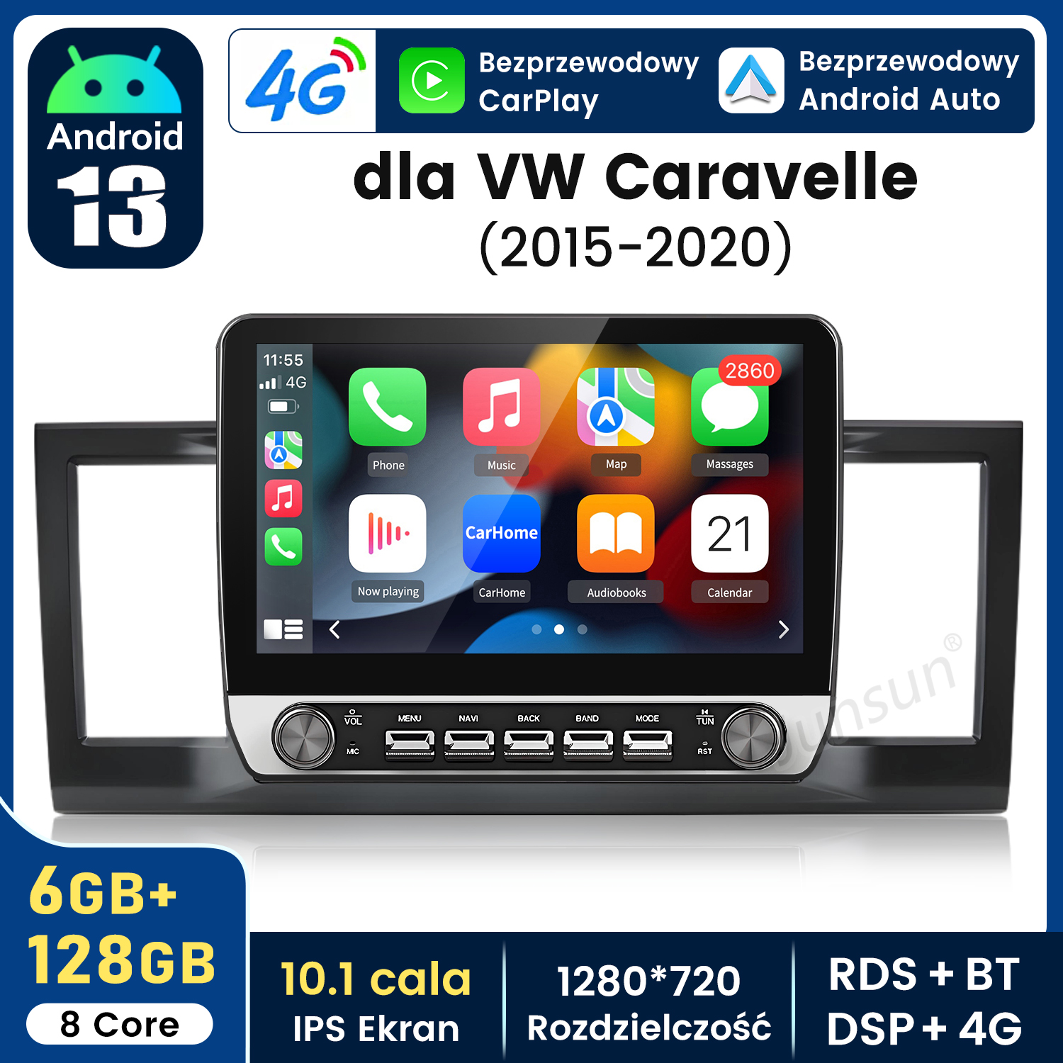 Ekran systemu multimedialnego samochodu z interfejsem Android 13 i funkcjami CarPlay.