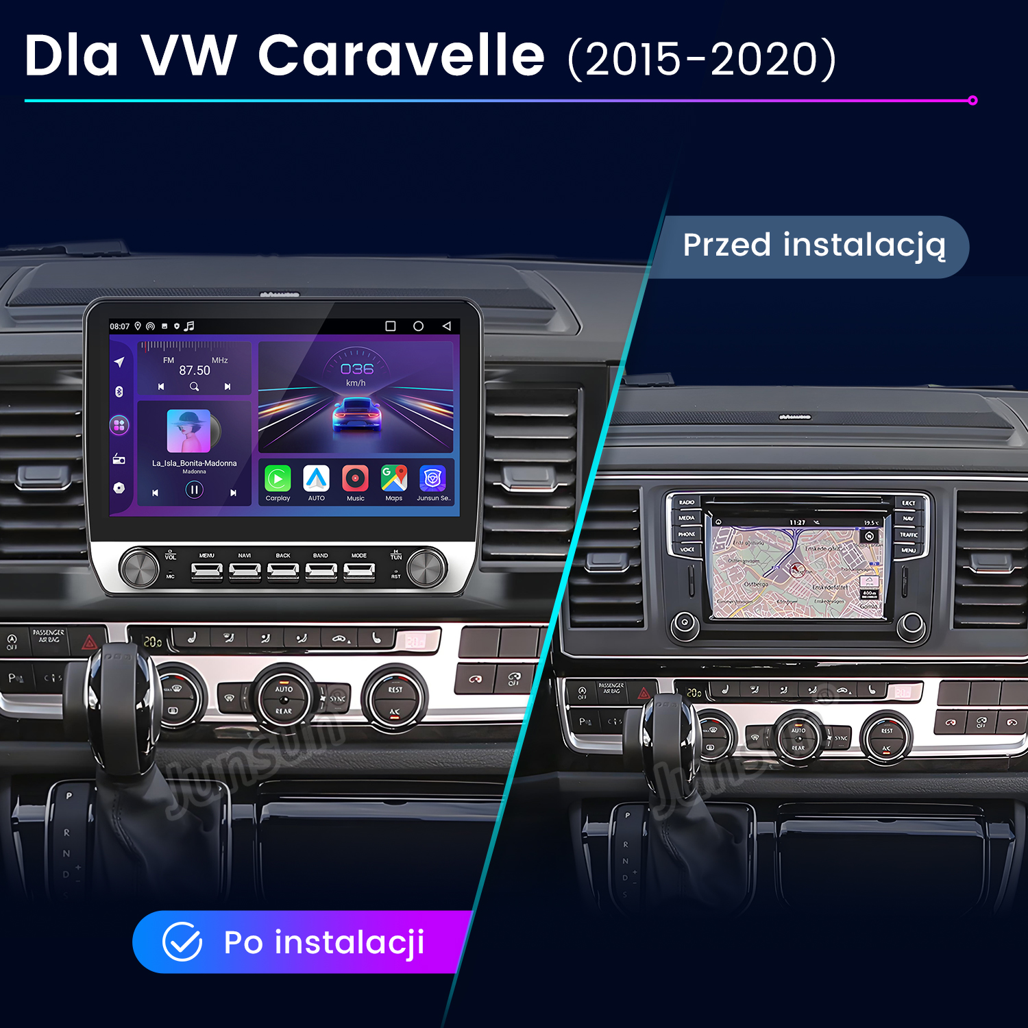 Porównanie deski rozdzielczej samochodu przed i po zainstalowaniu radia samochodowego z ekranem dotykowym.