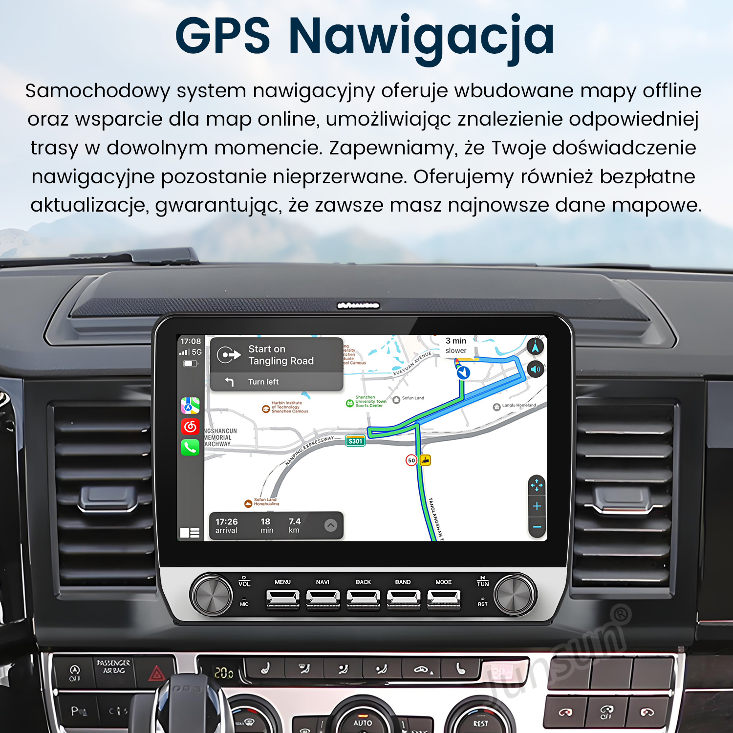 Ekran systemu multimedialnego samochodu pokazujący nawigację z mapą.