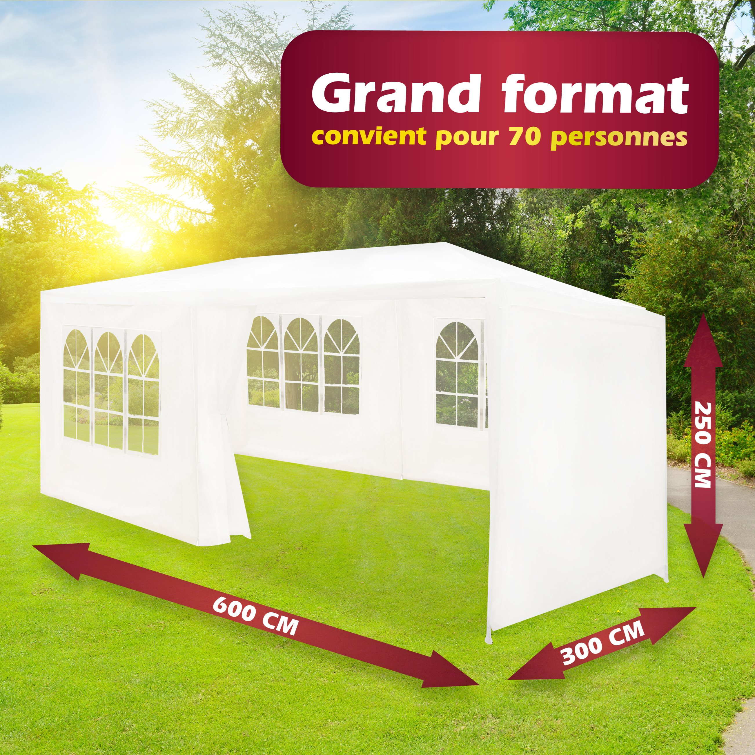 Witte partytent op groen gras met afmetingen en capaciteit voor 70 personen.