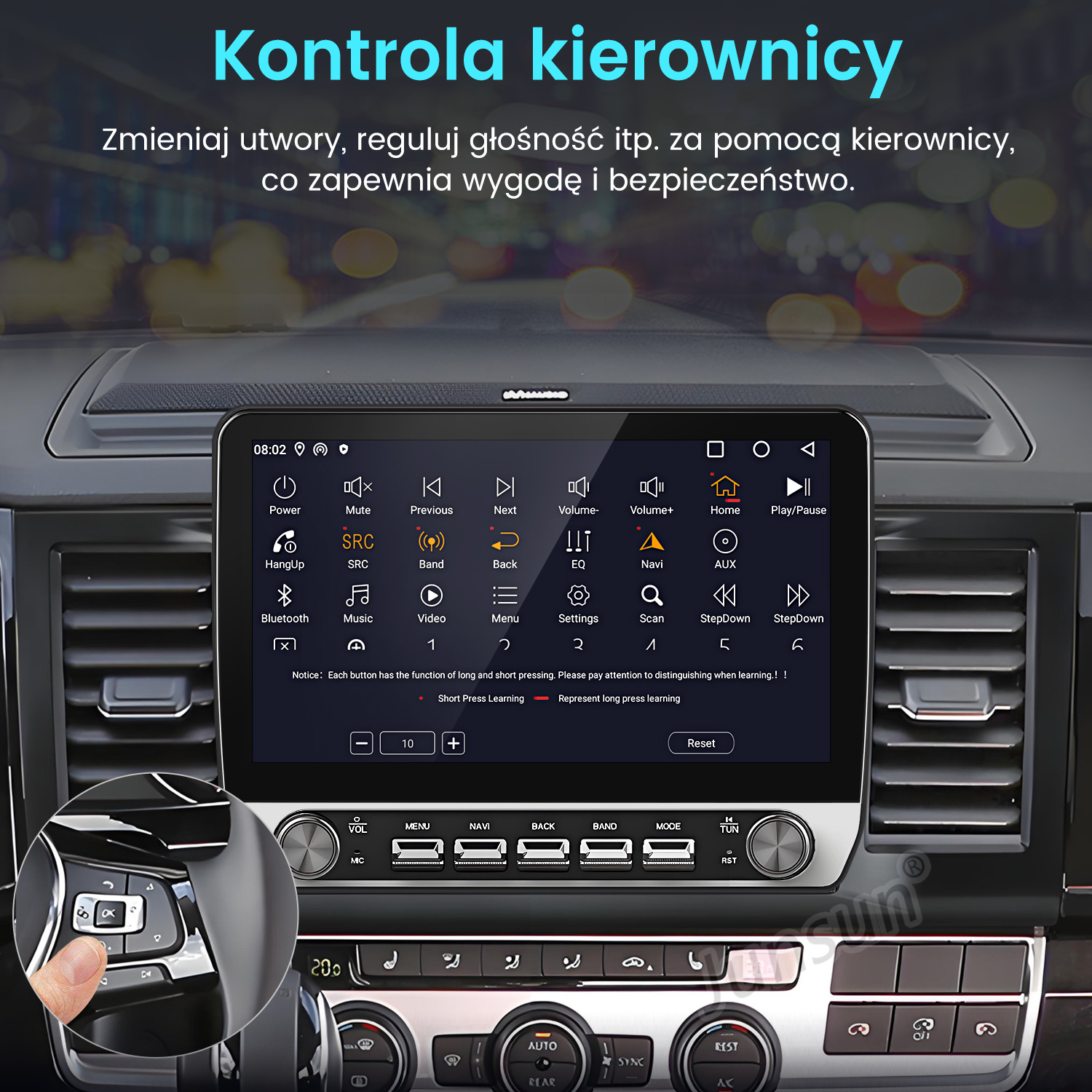 Ekran systemu multimedialnego samochodu pokazujący przyciski i elementy sterowania.