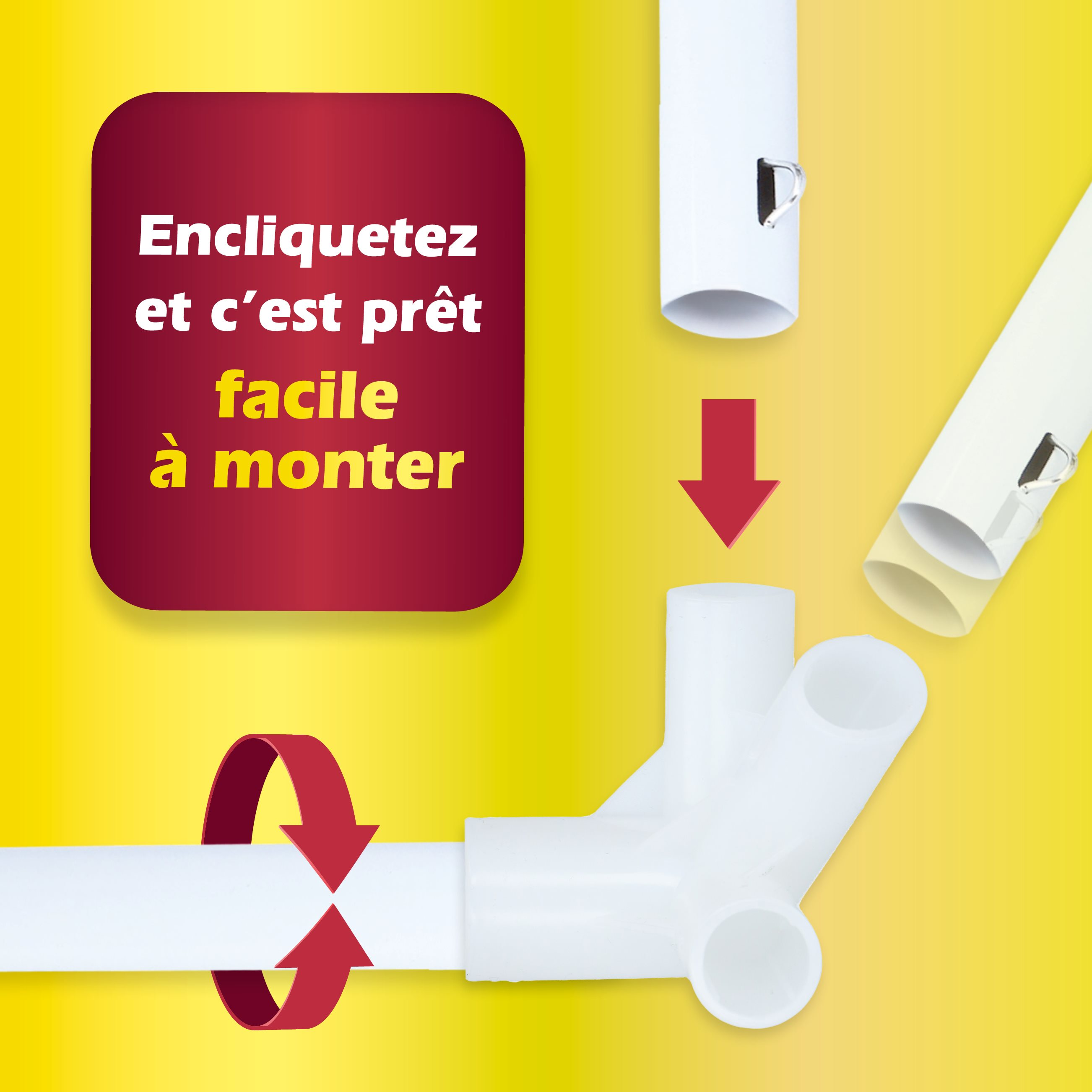 Witte plastic stukken met pijlen, die laten zien hoe te verbinden. Gele achtergrond.