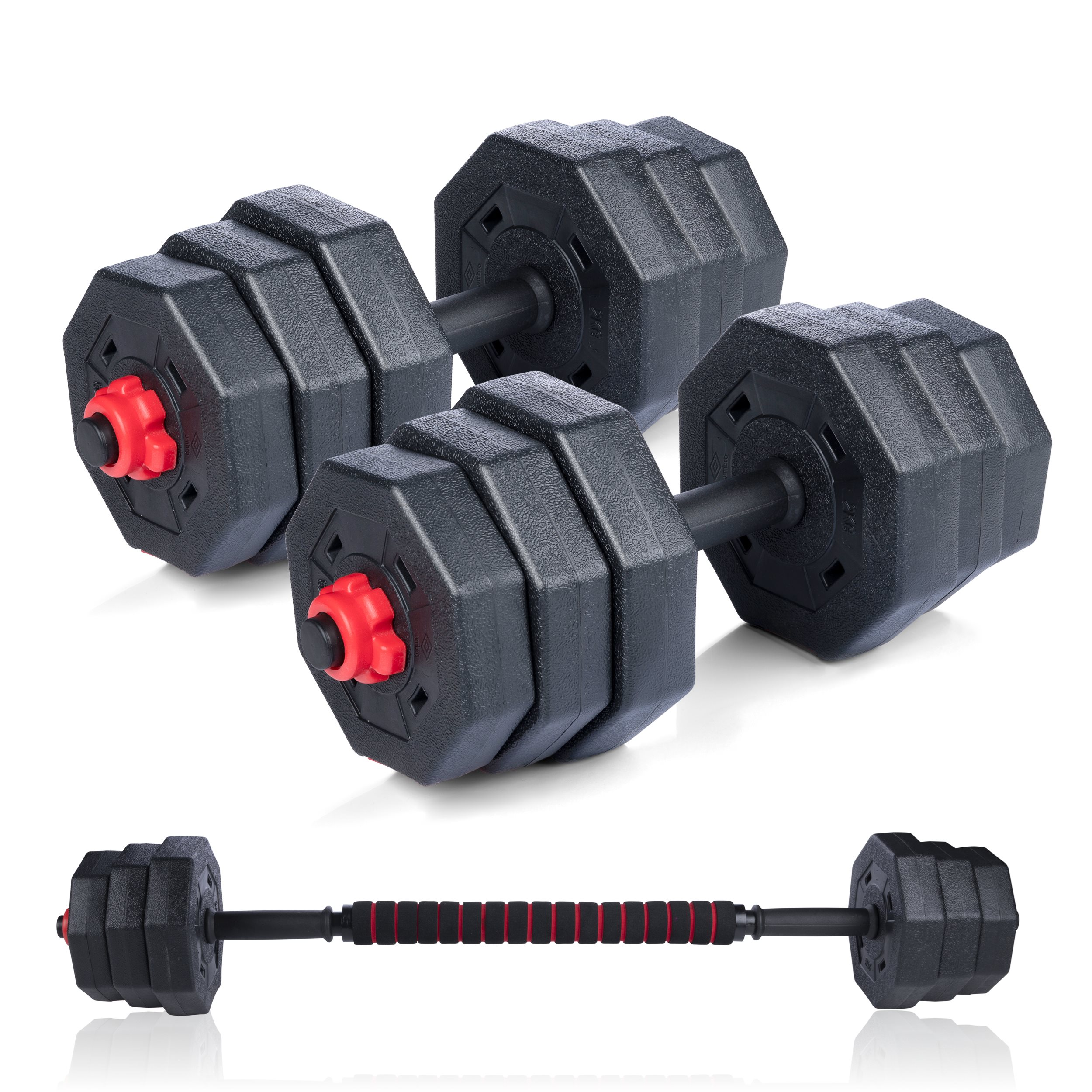 Twee zwarte dumbbells met rode accenten en een halter eronder, op een witte achtergrond.