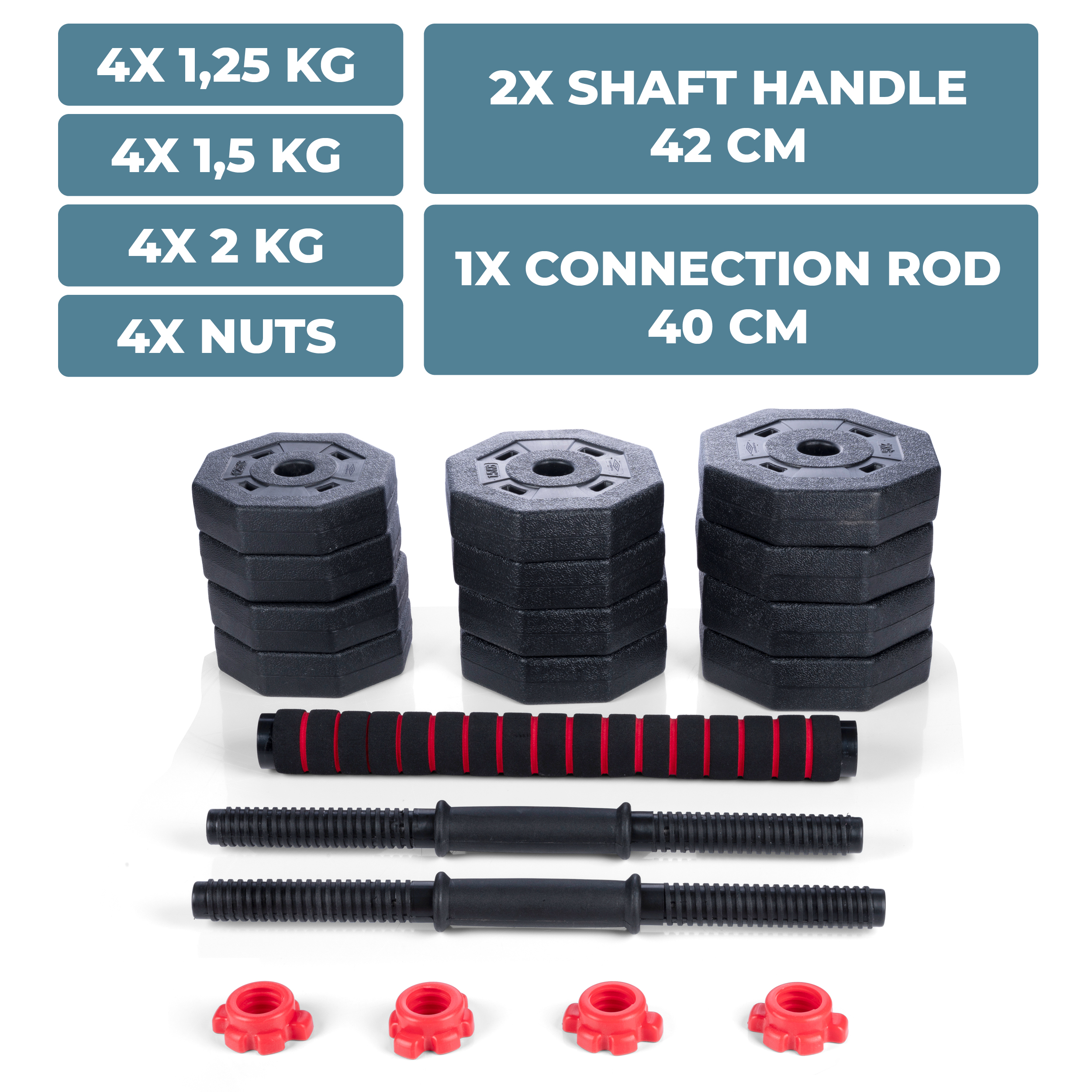 Een set gewichten, een handvat en een verbindingsstang, met specificatielabels.