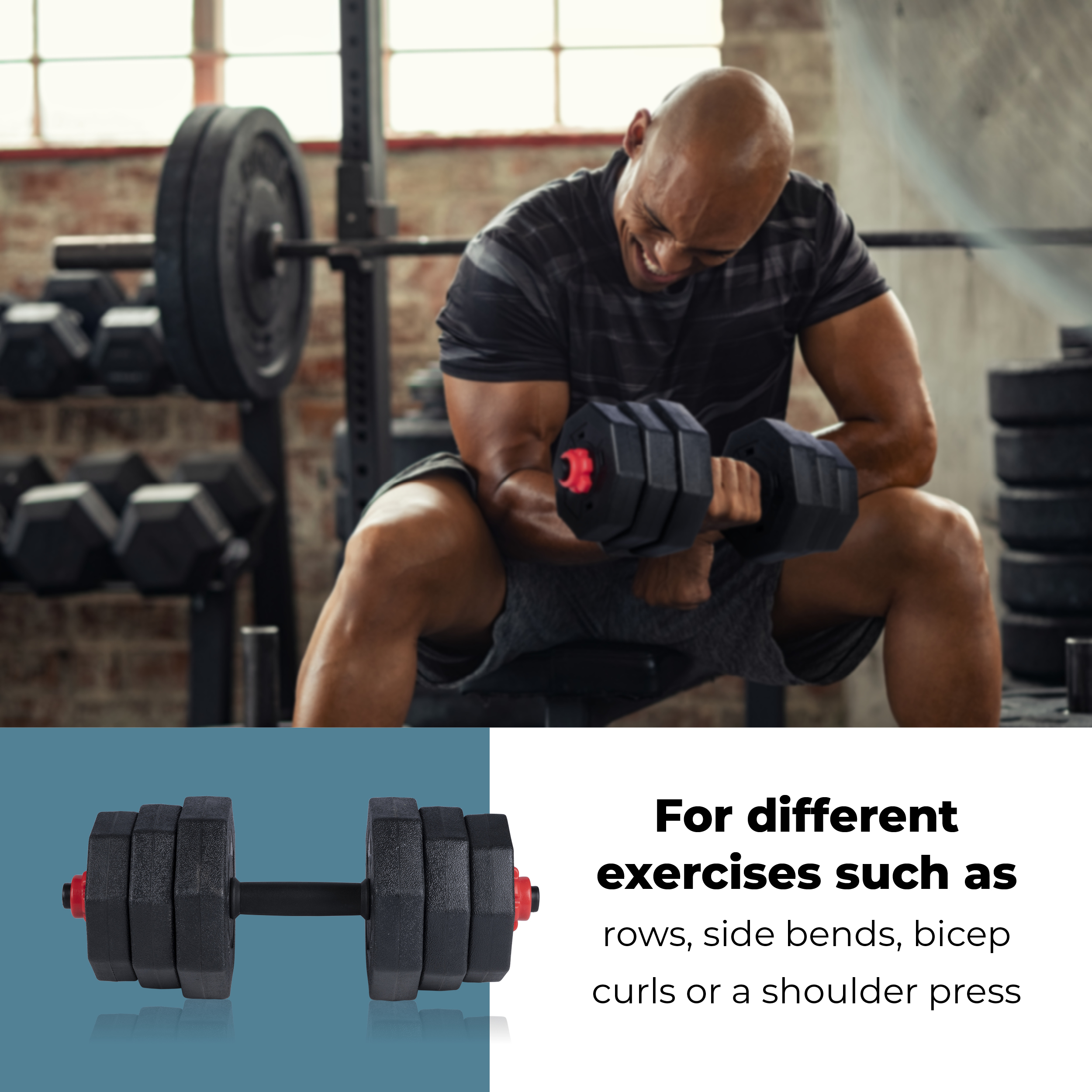 Man die een halter optilt. Tekst: Voor verschillende oefeningen zoals roeien, zijwaartse buigingen, biceps curls of schouder press.
