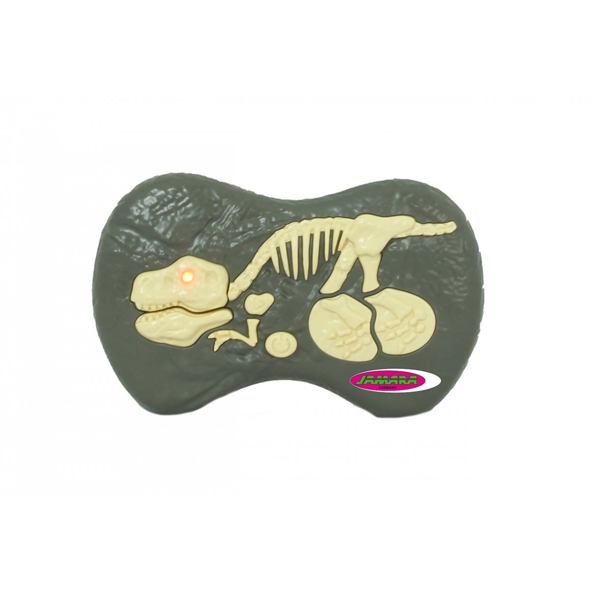 Eine Spielzeug-Dinosaurier-Fernbedienung. Es hat ein Dinosaurier-Knochendesign darauf.