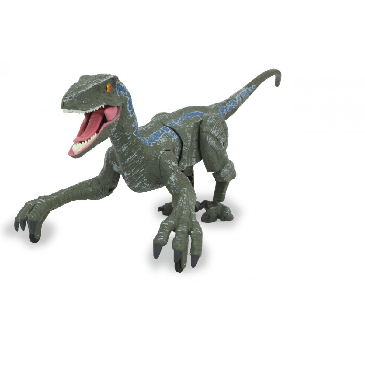 Spielzeug-Dinosaurier, grau und blau, mit offenem Maul und Krallen. Weißer Hintergrund.
