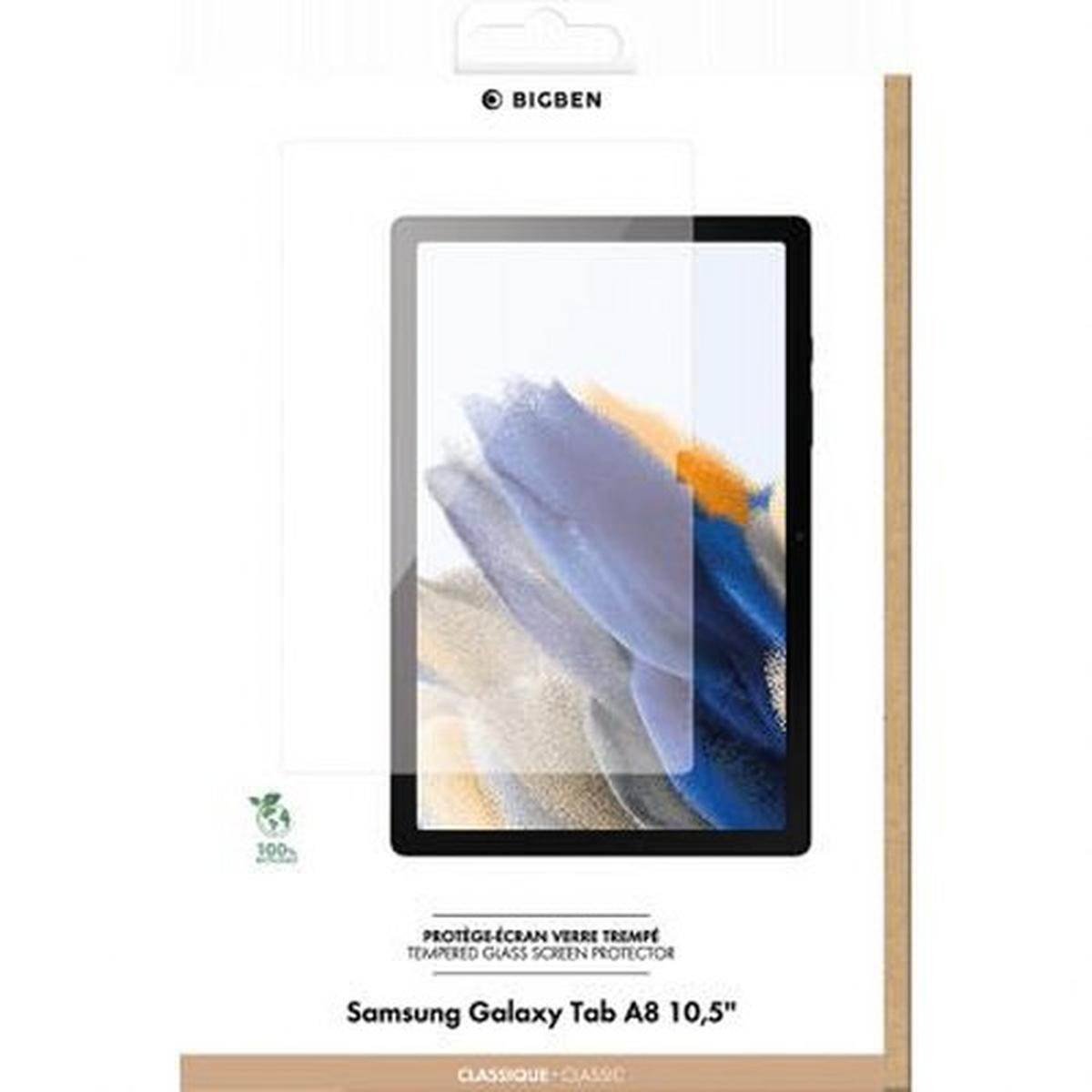 Emballage de protection d'écran de tablette. Affiche la tablette et le nom de la marque. Fond blanc.