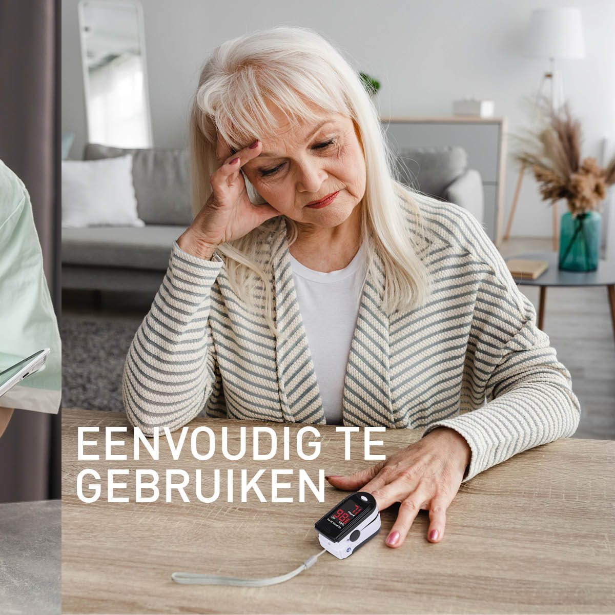An elderly woman using a pulse oximeter, with text 'EENVOUDIG TE GEBRUIKEN' displayed.