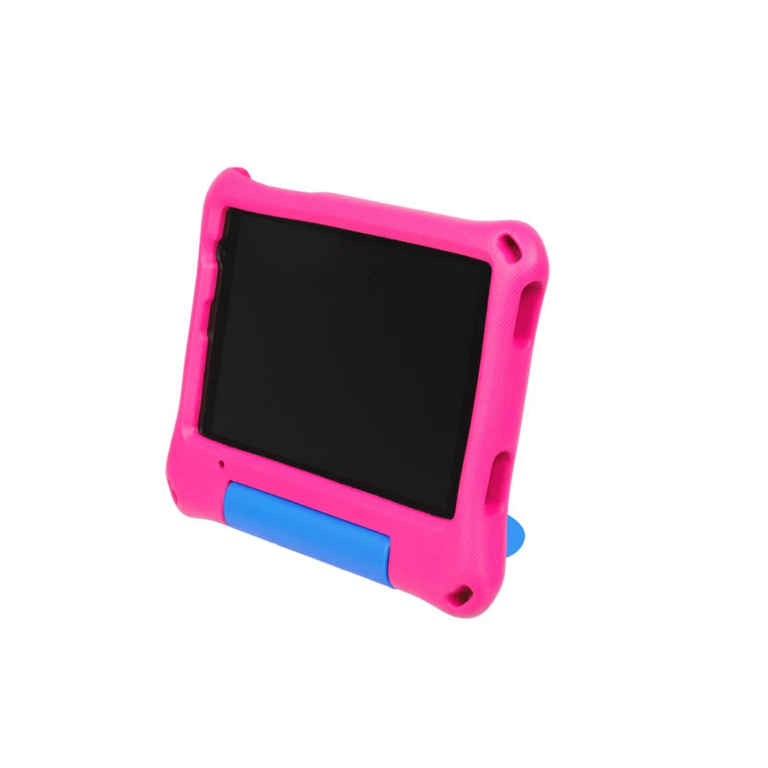 Custodia per tablet rosa con schermo nero e supporto blu. Lo sfondo è bianco.