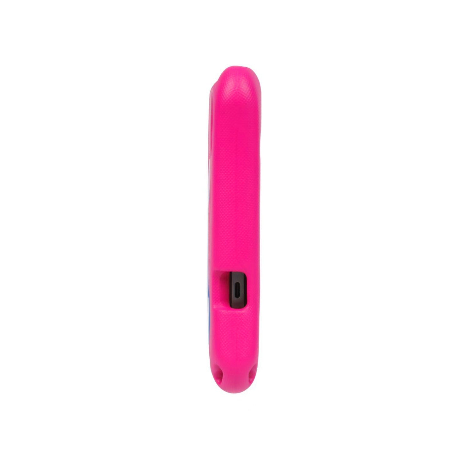 Una custodia rosa per telefono su sfondo bianco, è visibile il lato con una porta.