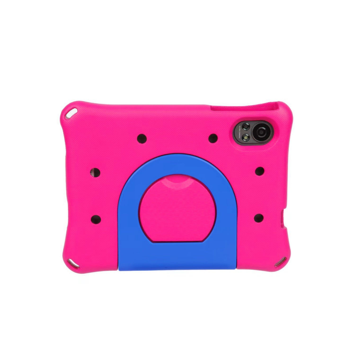 Custodia per tablet rosa e blu con maniglia, che mostra la fotocamera e i fori dei pulsanti.