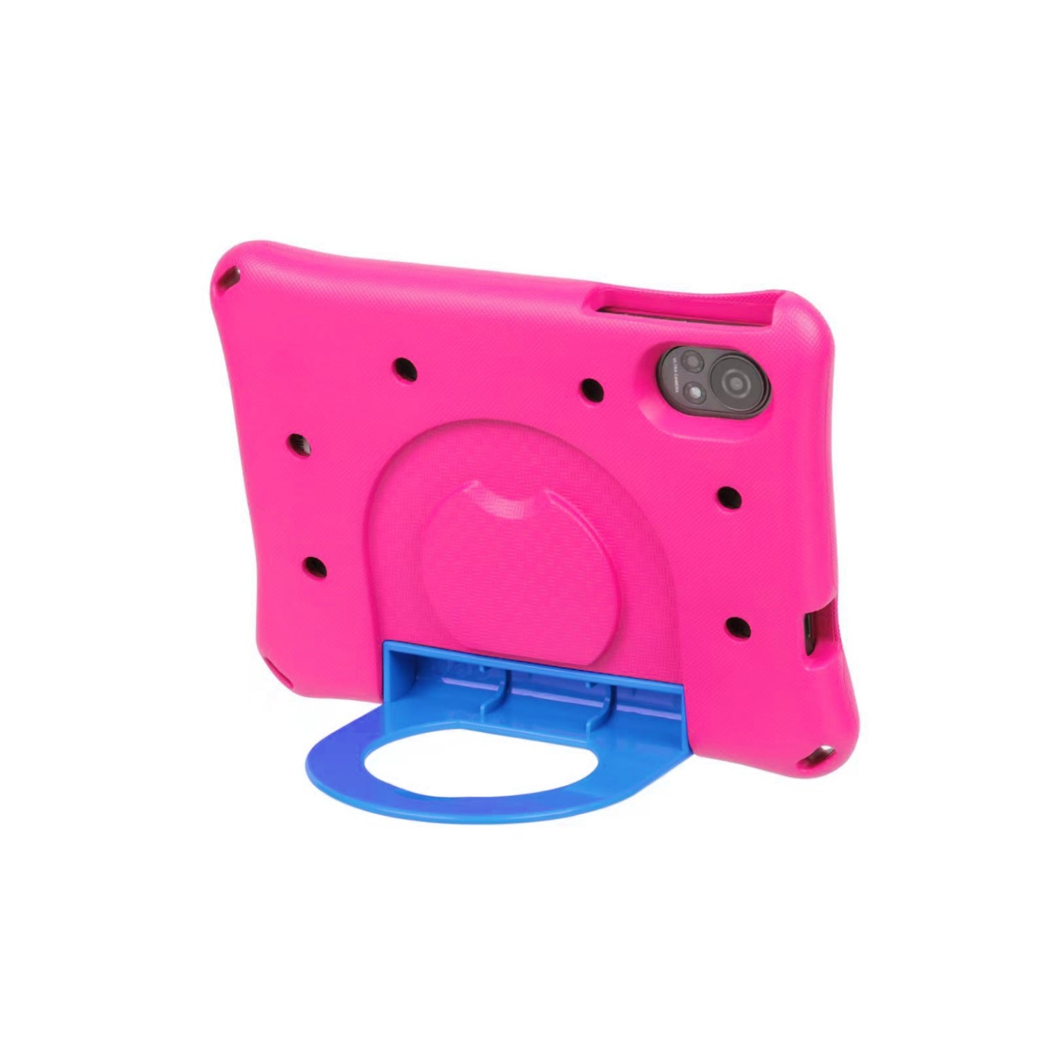 Custodia per tablet rosa con supporto blu e ritagli per pulsanti e fotocamera.