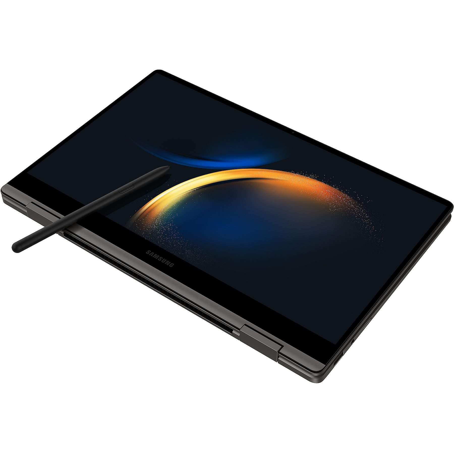 Laptop con stilo, display mostra grafica colorata.
