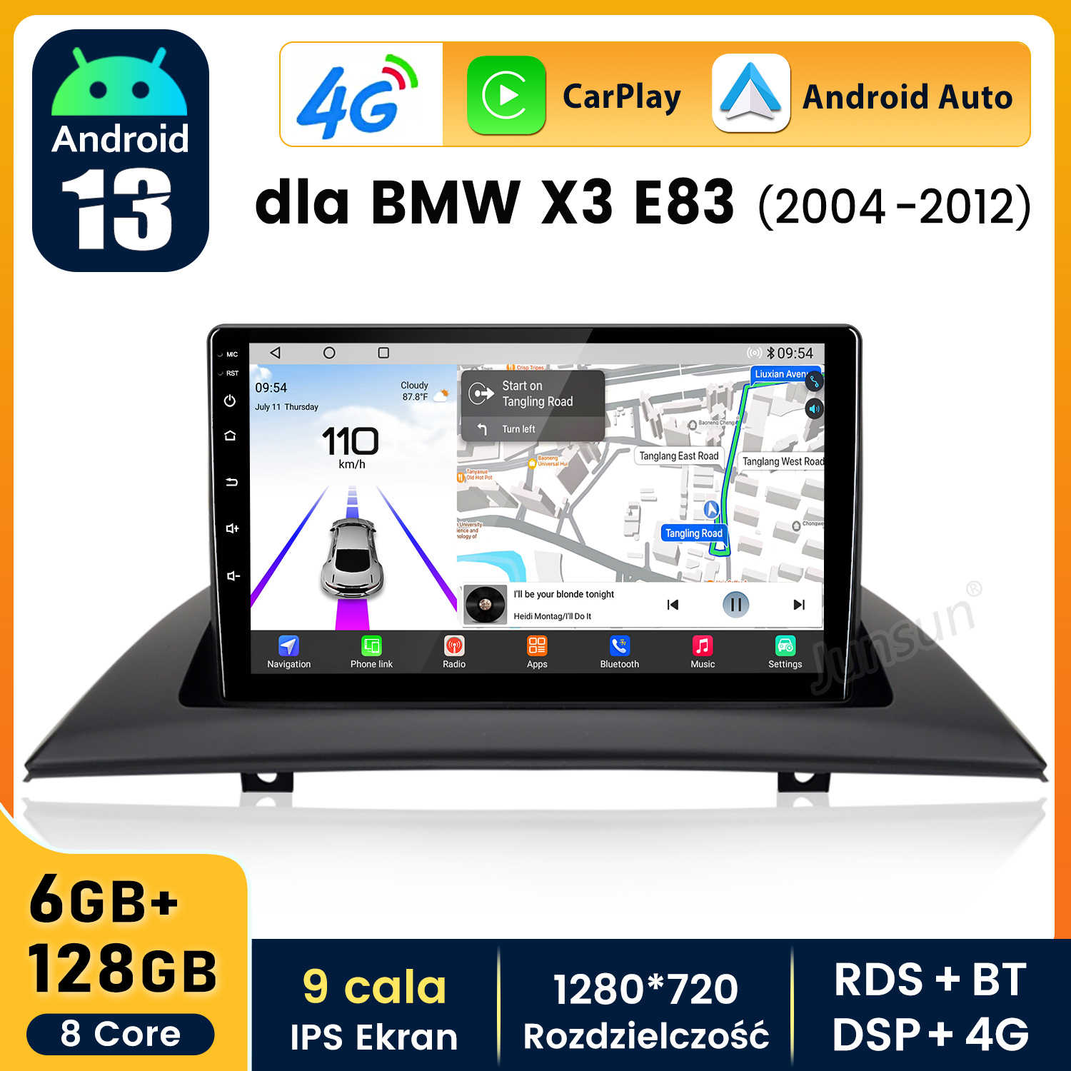 Wyświetlacz systemu multimedialnego samochodu. Pokazuje mapę nawigacji, ikony radia, telefonu i muzyki.