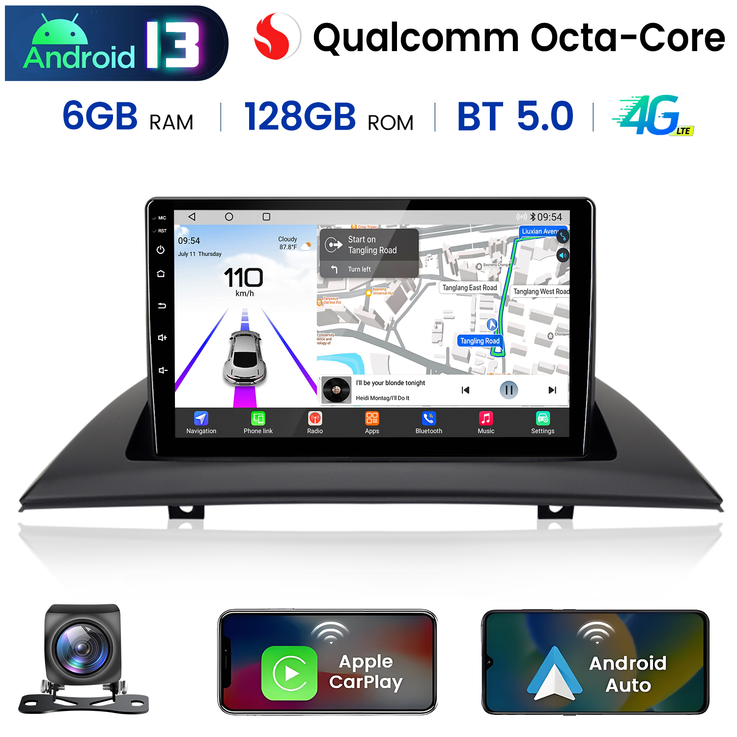 System infotainment samochodowy. Android 13. Mapa i informacje o pojeździe na ekranie.
