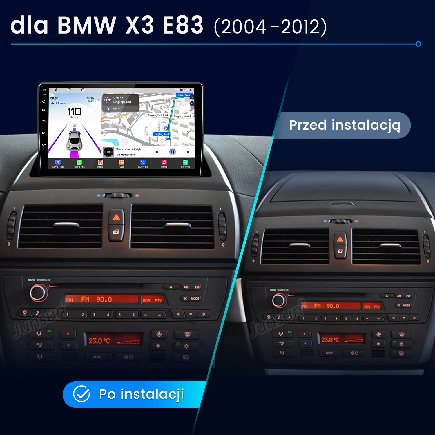 Deska rozdzielcza samochodu z nowo zainstalowanym ekranem. Widok przed i po instalacji. Ekran wyświetla nawigację.