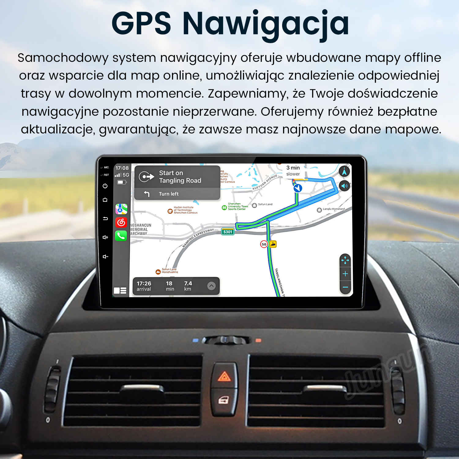 Ekran samochodowego systemu nawigacji wyświetlający mapę i informacje nawigacyjne, w samochodzie.