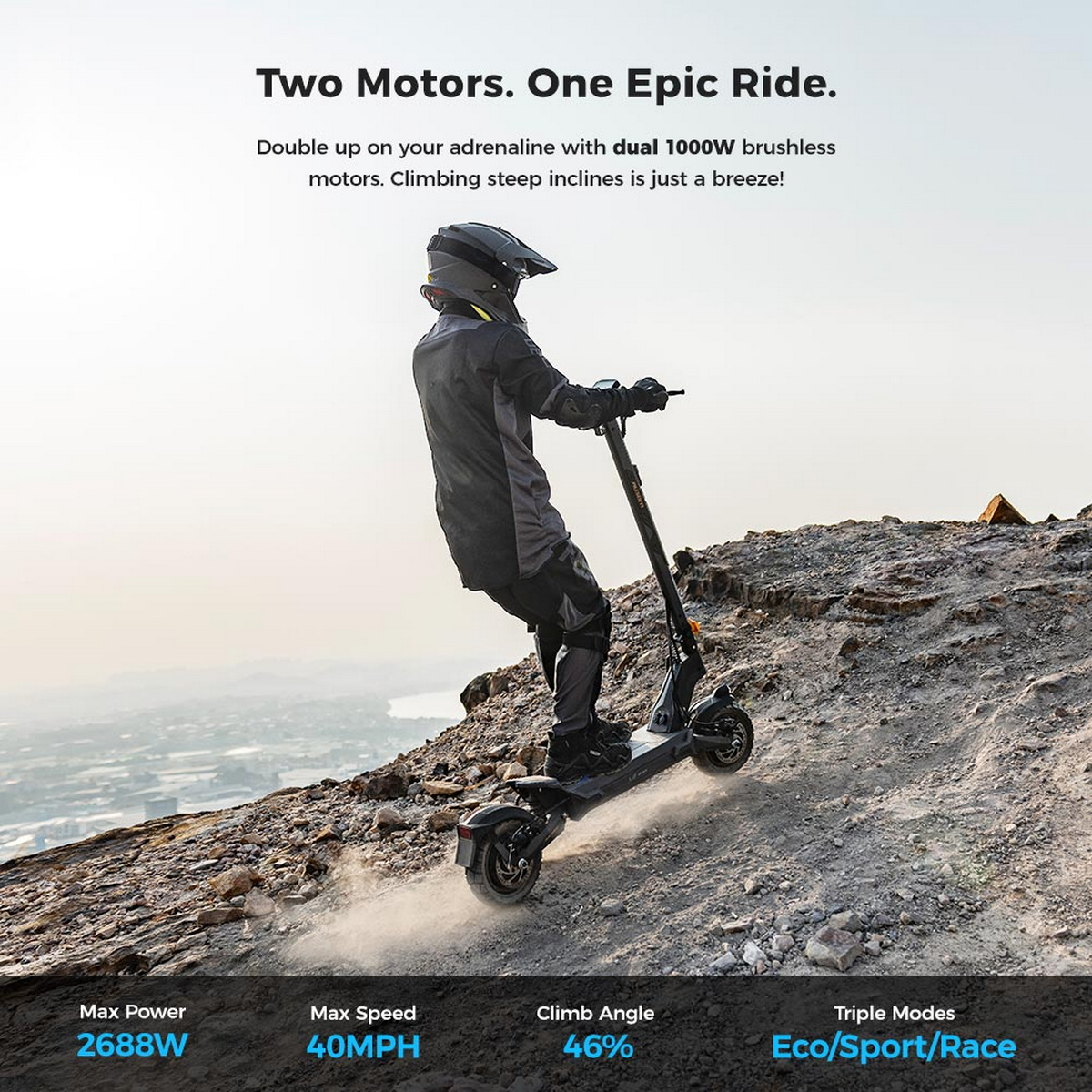 Osoba jadąca na hulajnodze elektrycznej na skalistej ścieżce, tekst ze specyfikacjami.