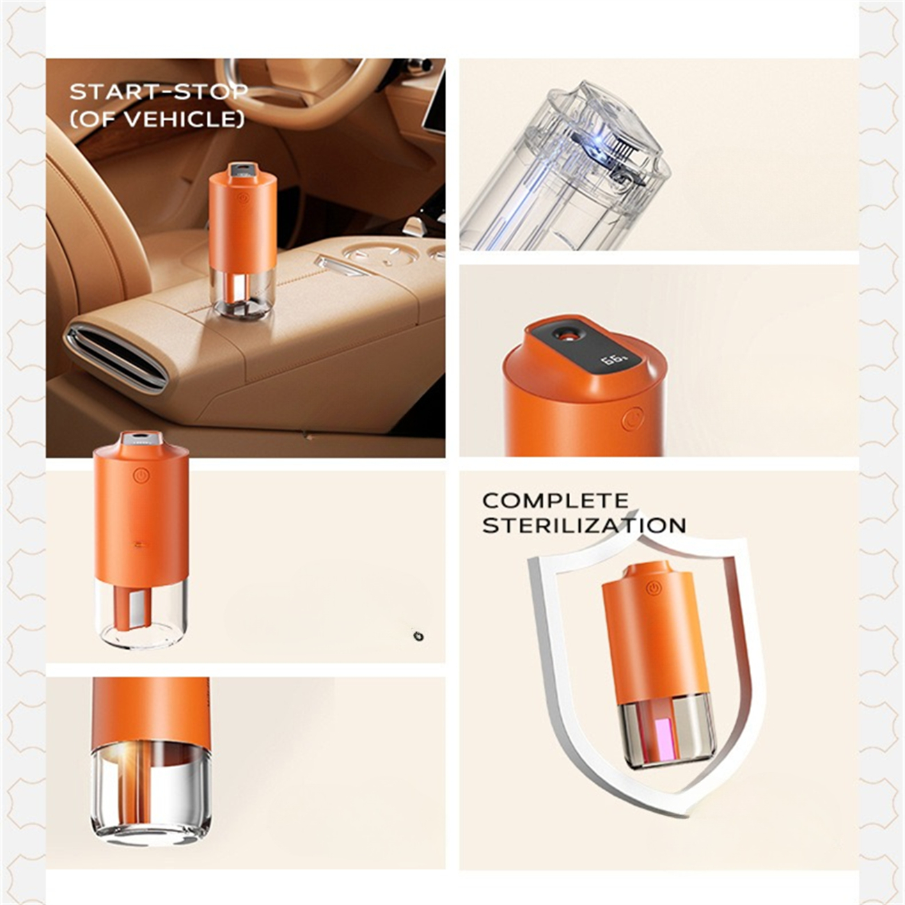 Orangenes zylindrisches Gerät im Auto mit Power-Taste. Zeigt auch Details zur Sterilisation.