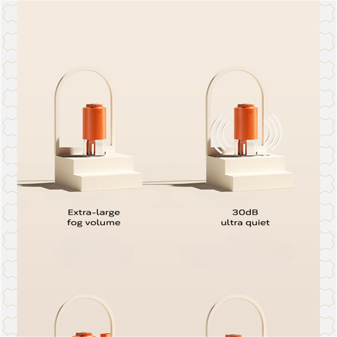 Zwei Bilder zeigen ein orangefarbenes Gerät. Text beschreibt 'Extra-großes Nebelvolumen' und '30dB ultra leise'.